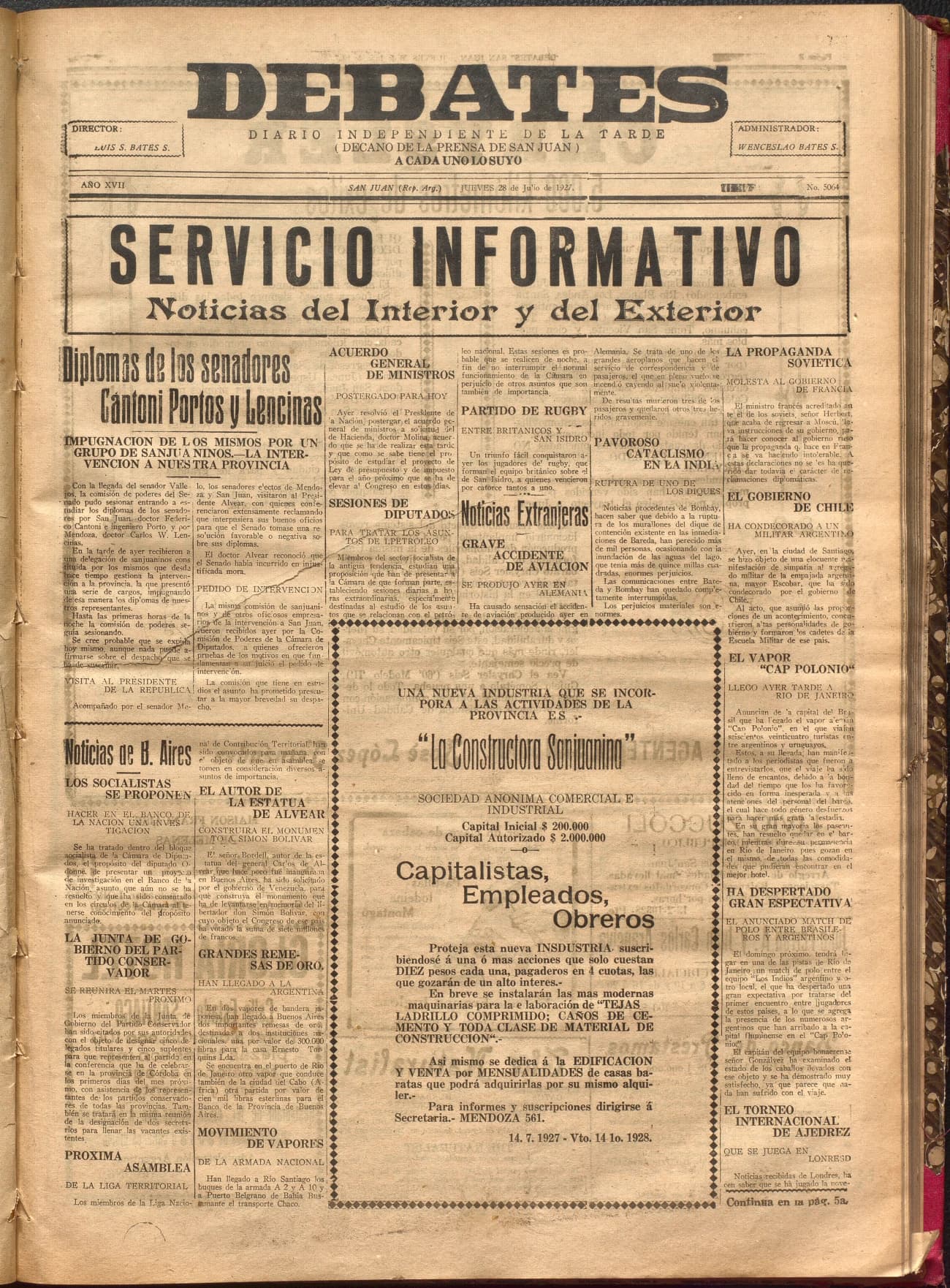 Portada · Diario Debates del 28 de julio de 1927