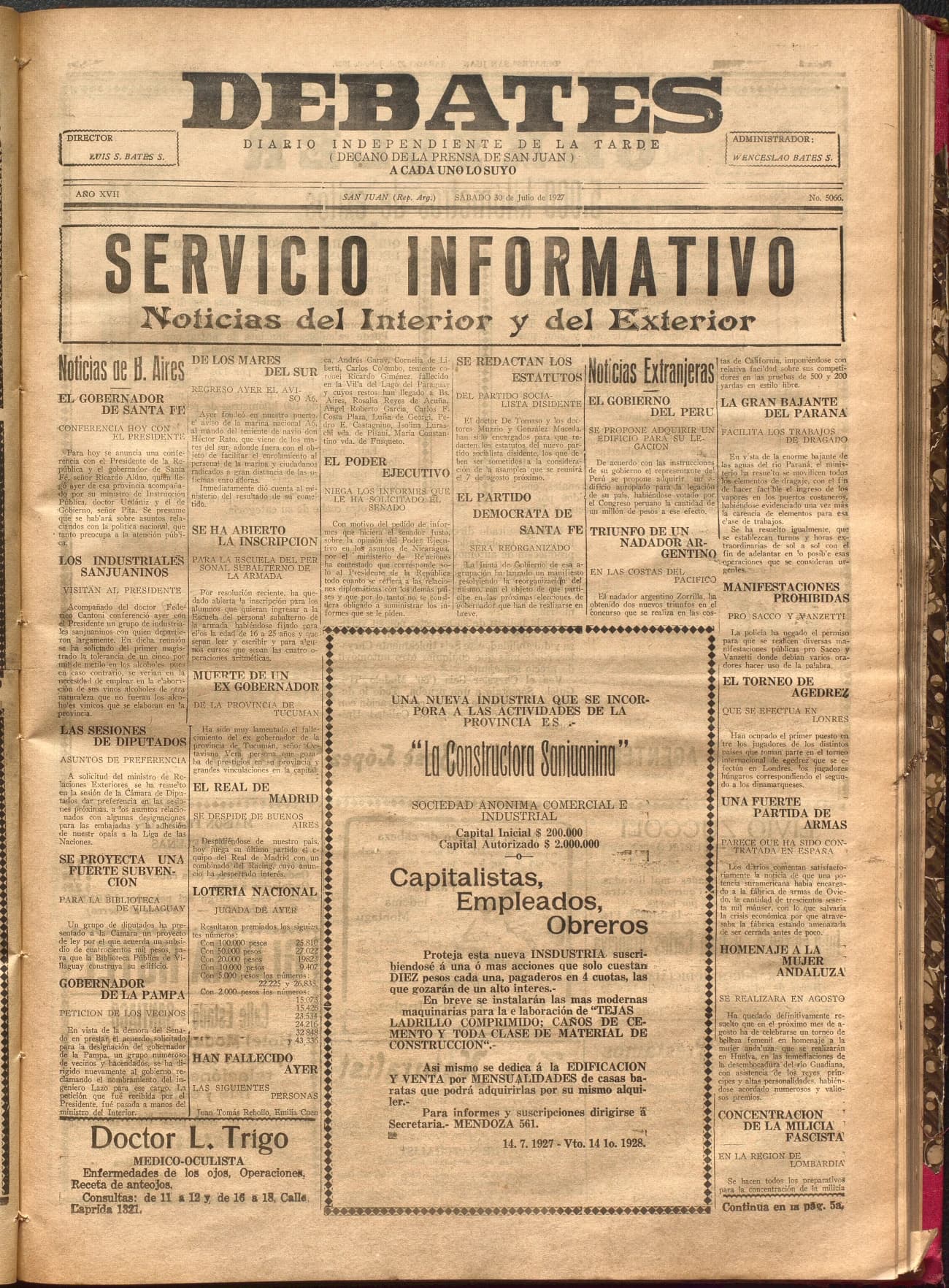 Portada · Diario Debates del 30 de julio de 1927