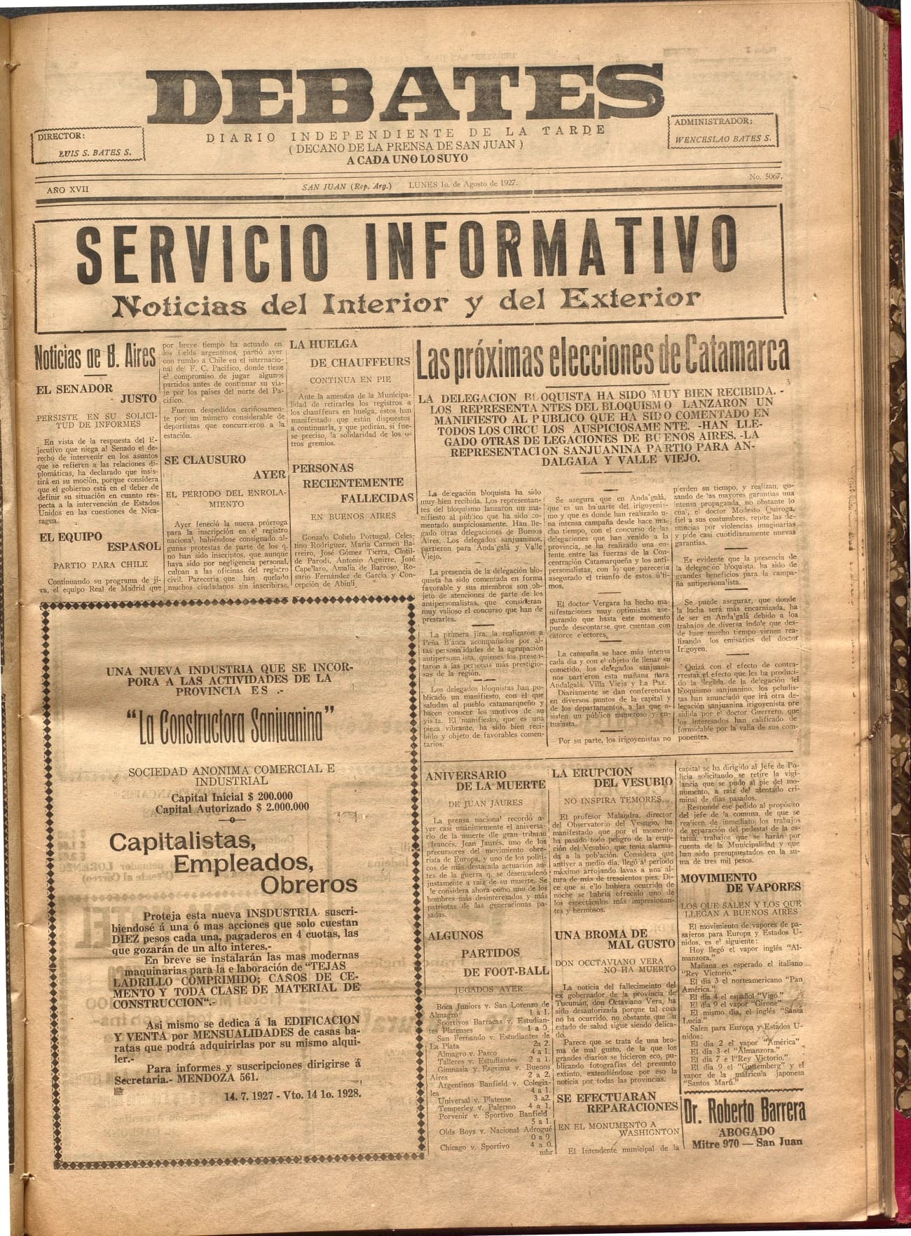 Portada · Diario Debates del 1 de agosto de 1927