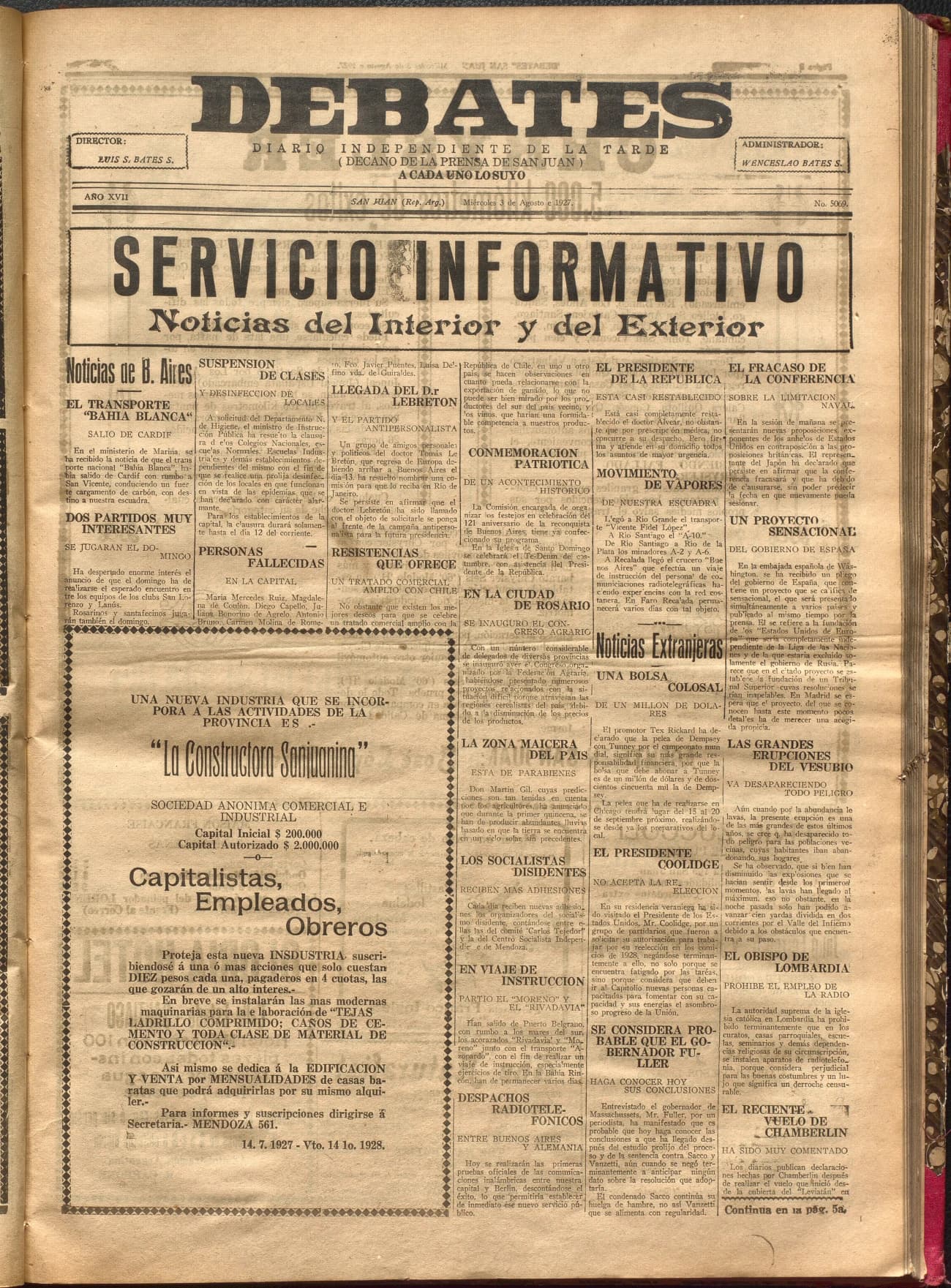 Portada · Diario Debates del 3 de agosto de 1927