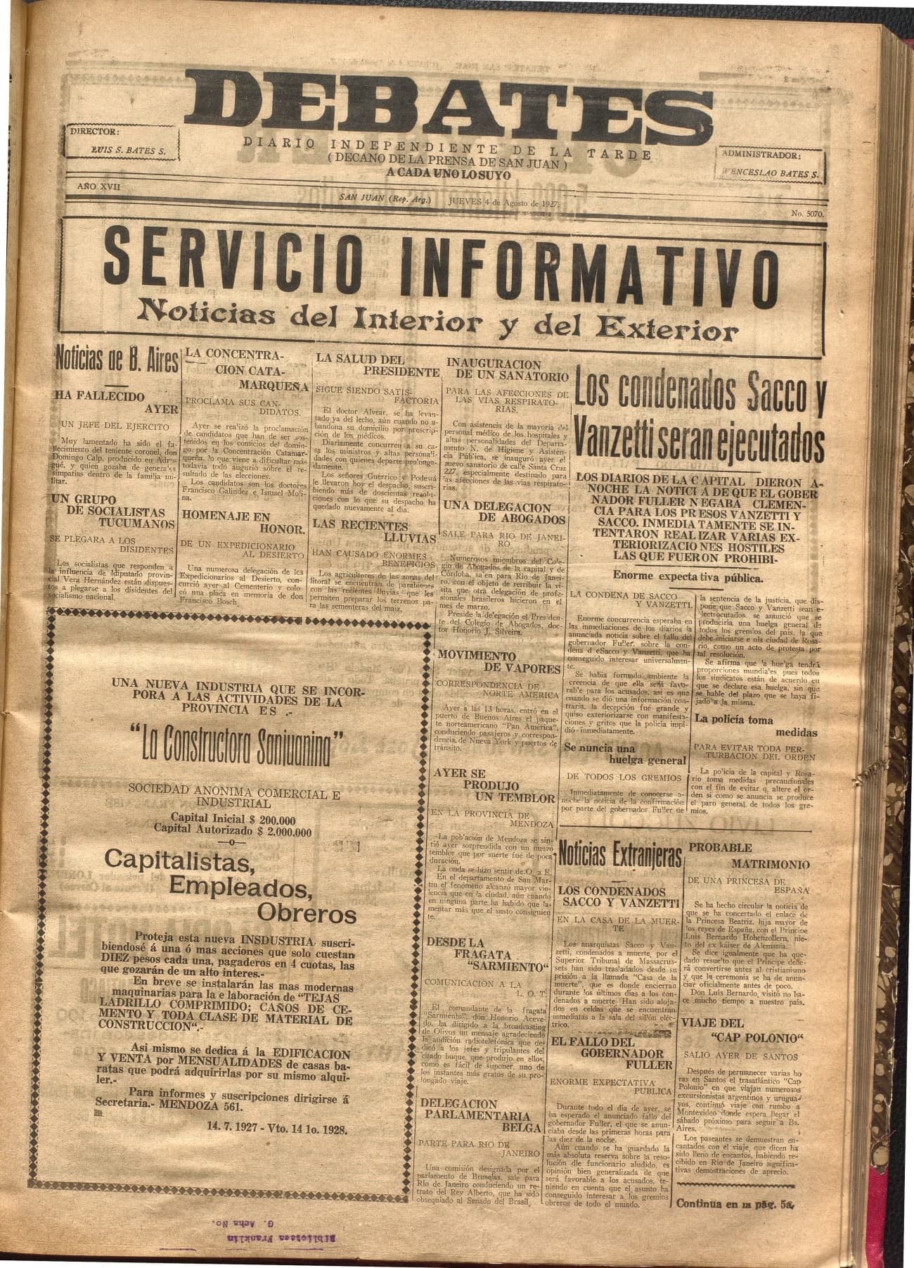 Portada · Diario Debates del 4 de agosto de 1927