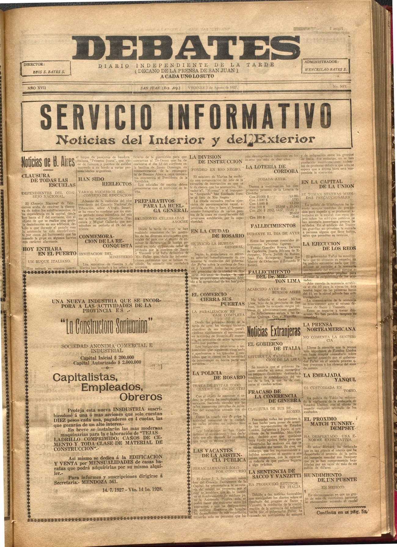 Portada · Diario Debates del 5 de agosto de 1927