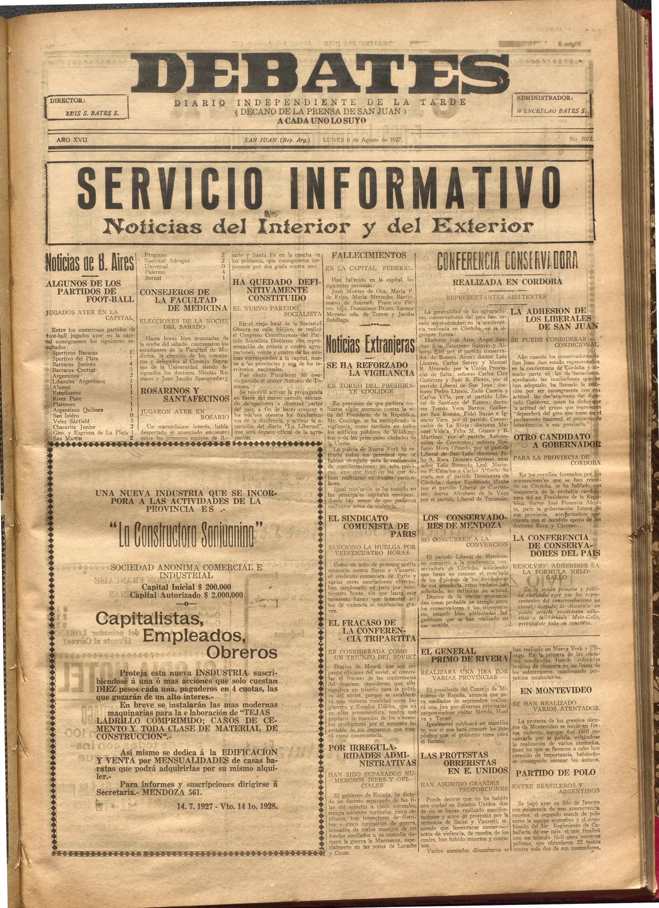 Portada · Diario Debates del 8 de agosto de 1927