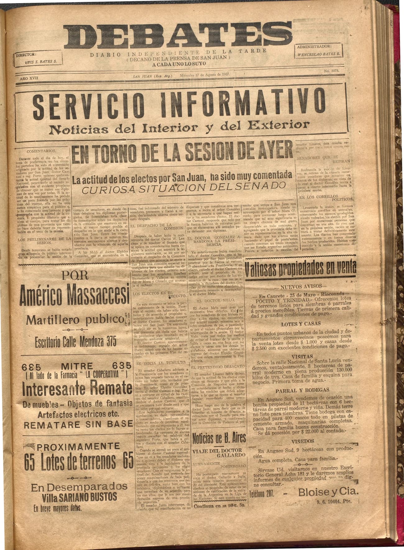 Portada · Diario Debates del 17 de agosto de 1927