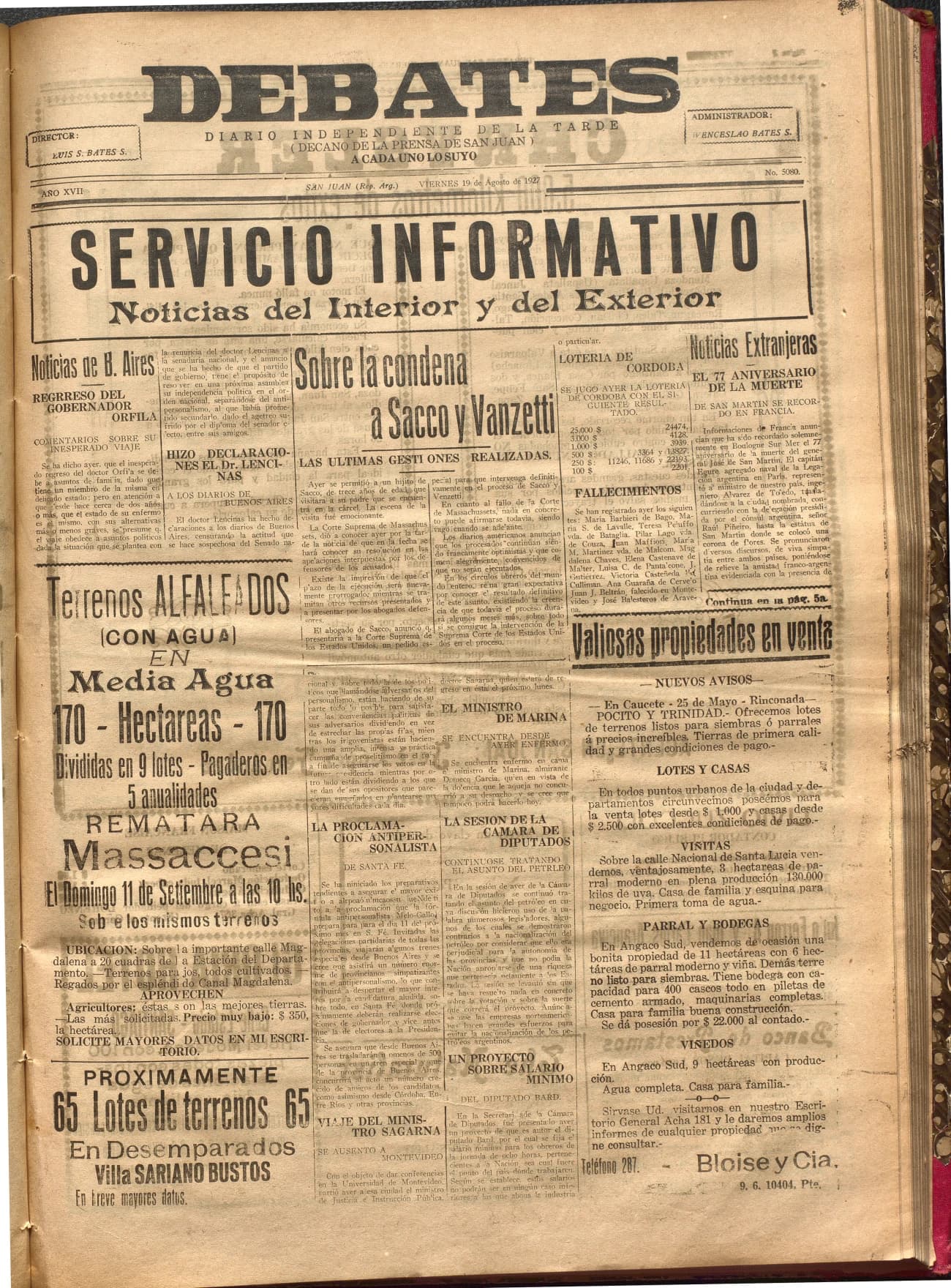 Portada · Diario Debates del 19 de agosto de 1927