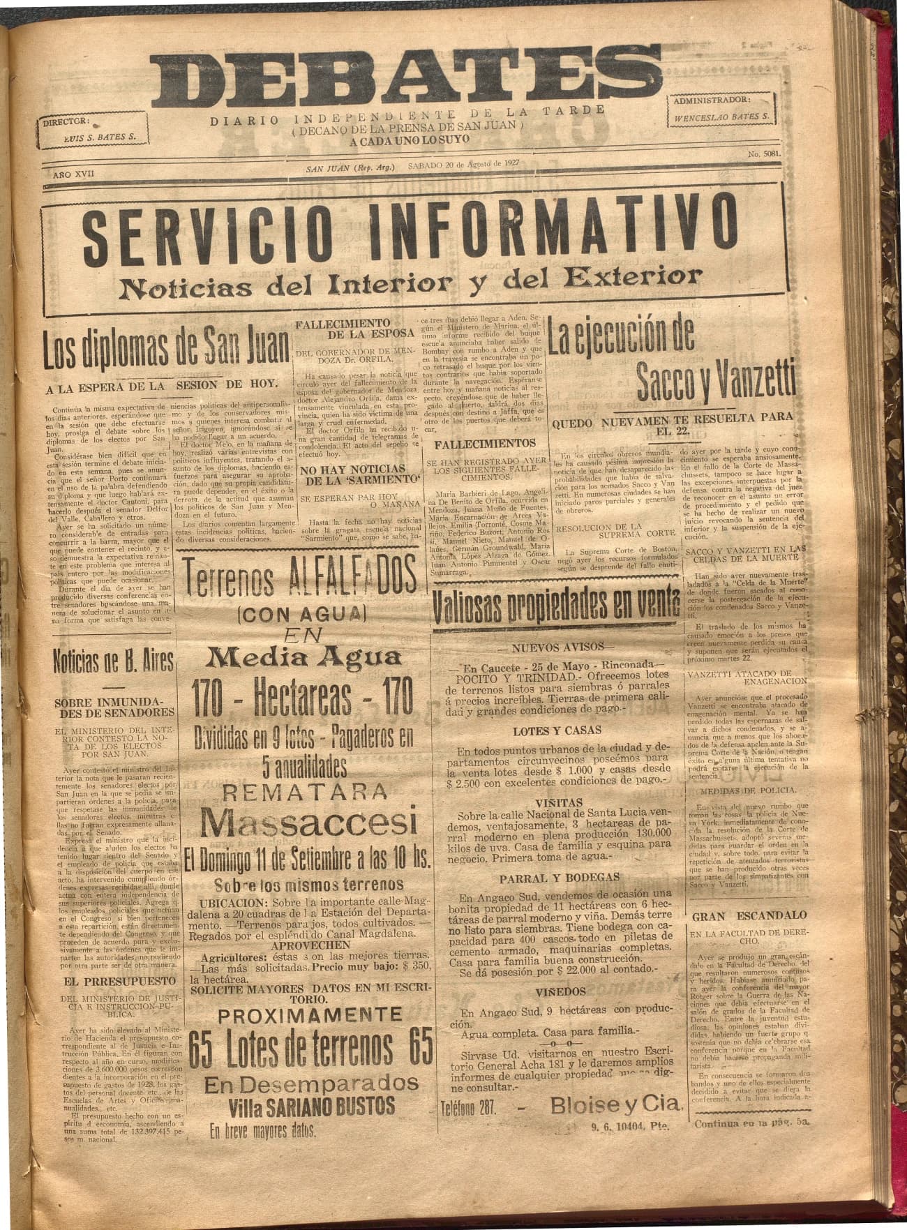 Portada · Diario Debates del 20 de agosto de 1927