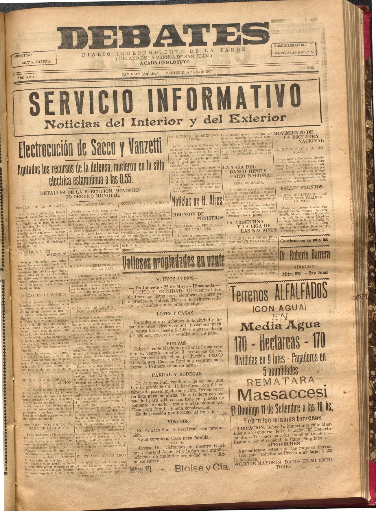 Portada · Diario Debates del 23 de agosto de 1927