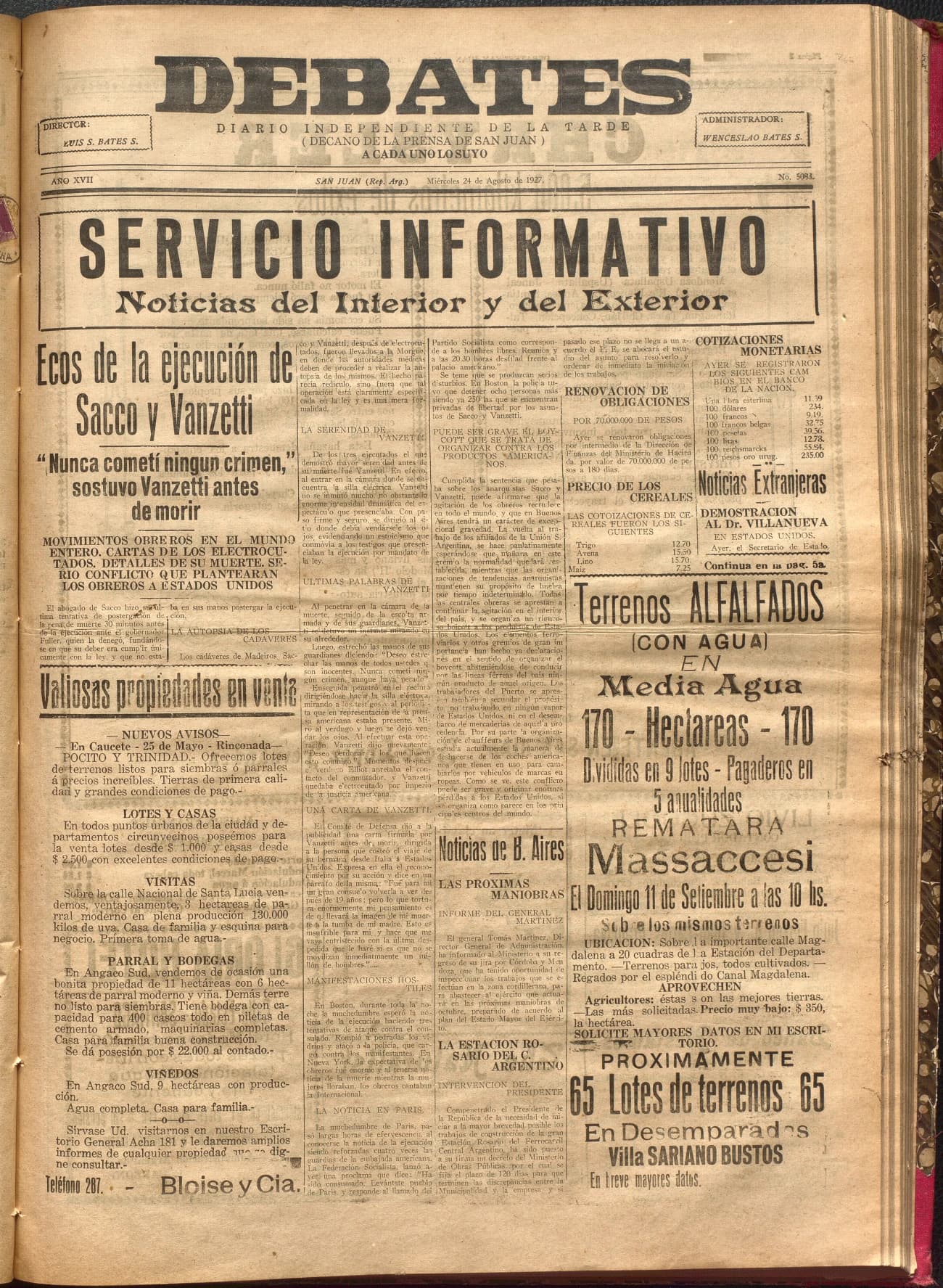 Portada · Diario Debates del 24 de agosto de 1927