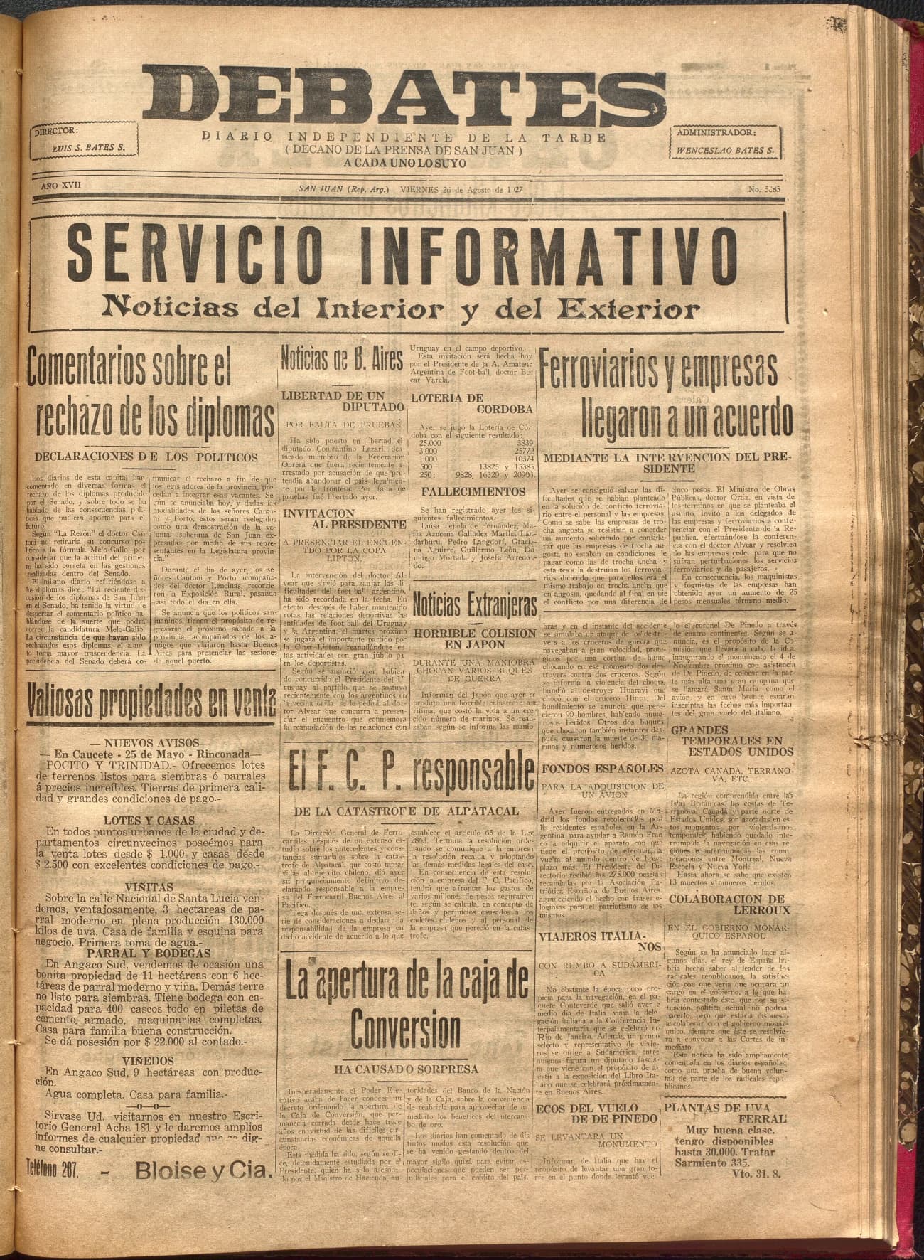 Portada · Diario Debates del 26 de agosto de 1927