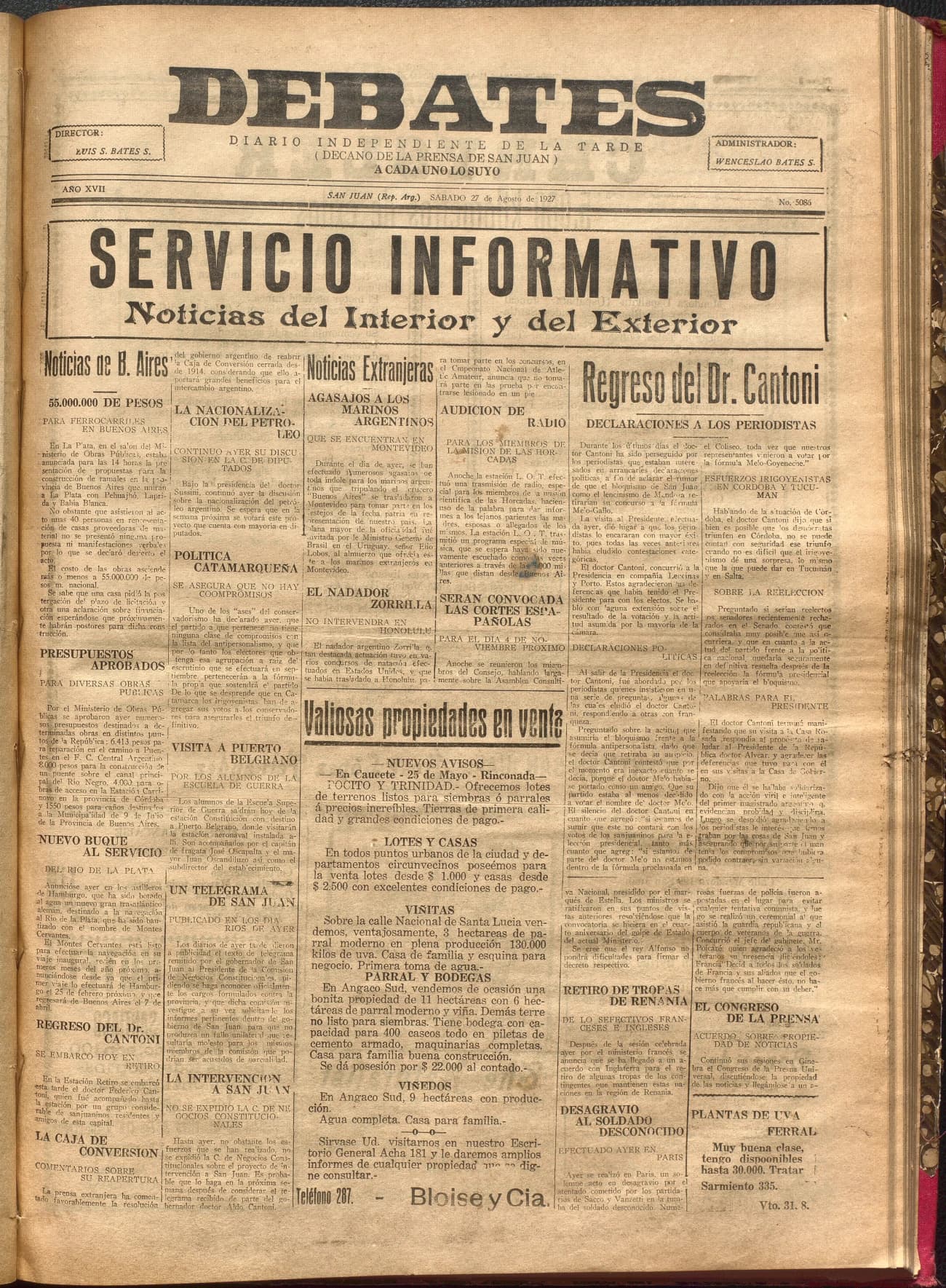 Portada · Diario Debates del 27 de agosto de 1927