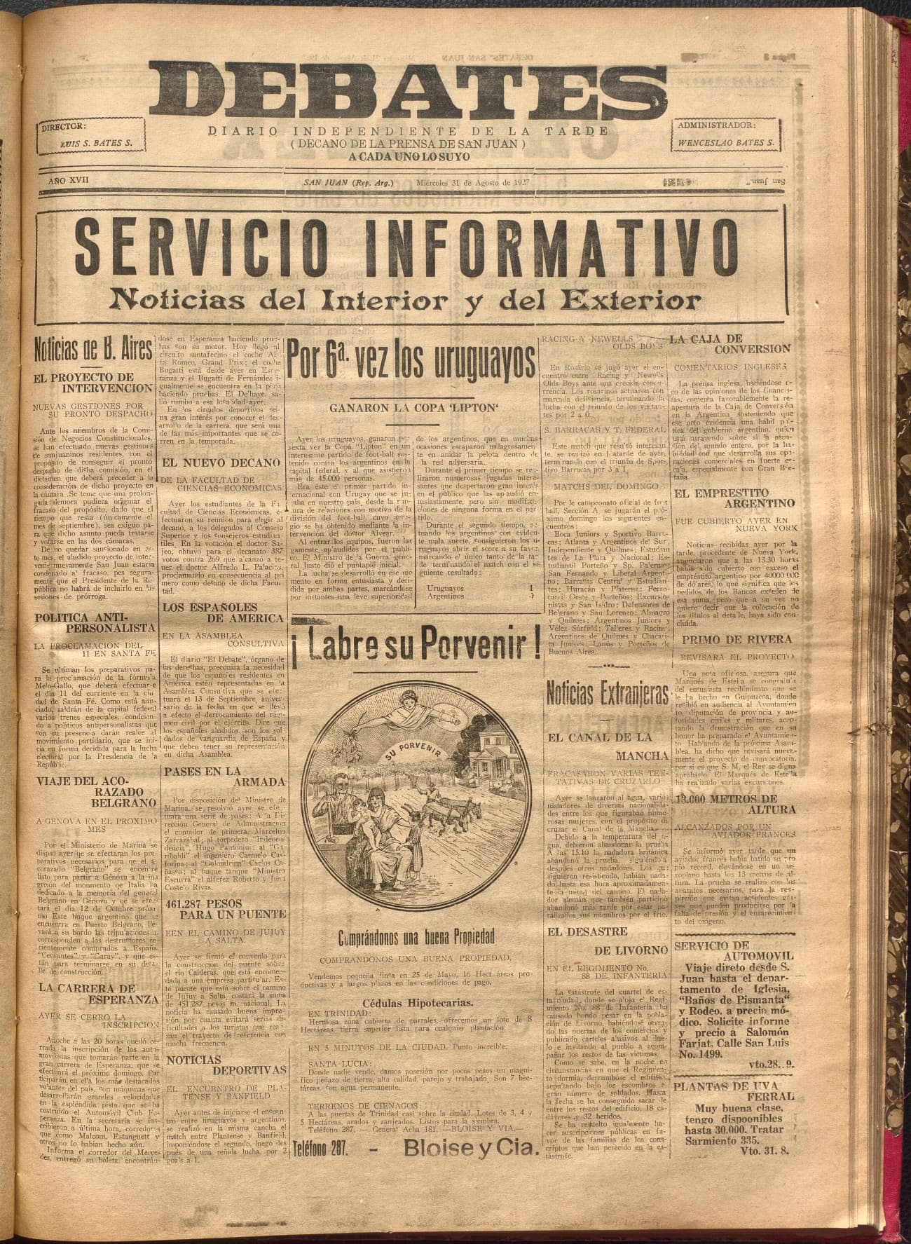 Portada · Diario Debates del 31 de agosto de 1927