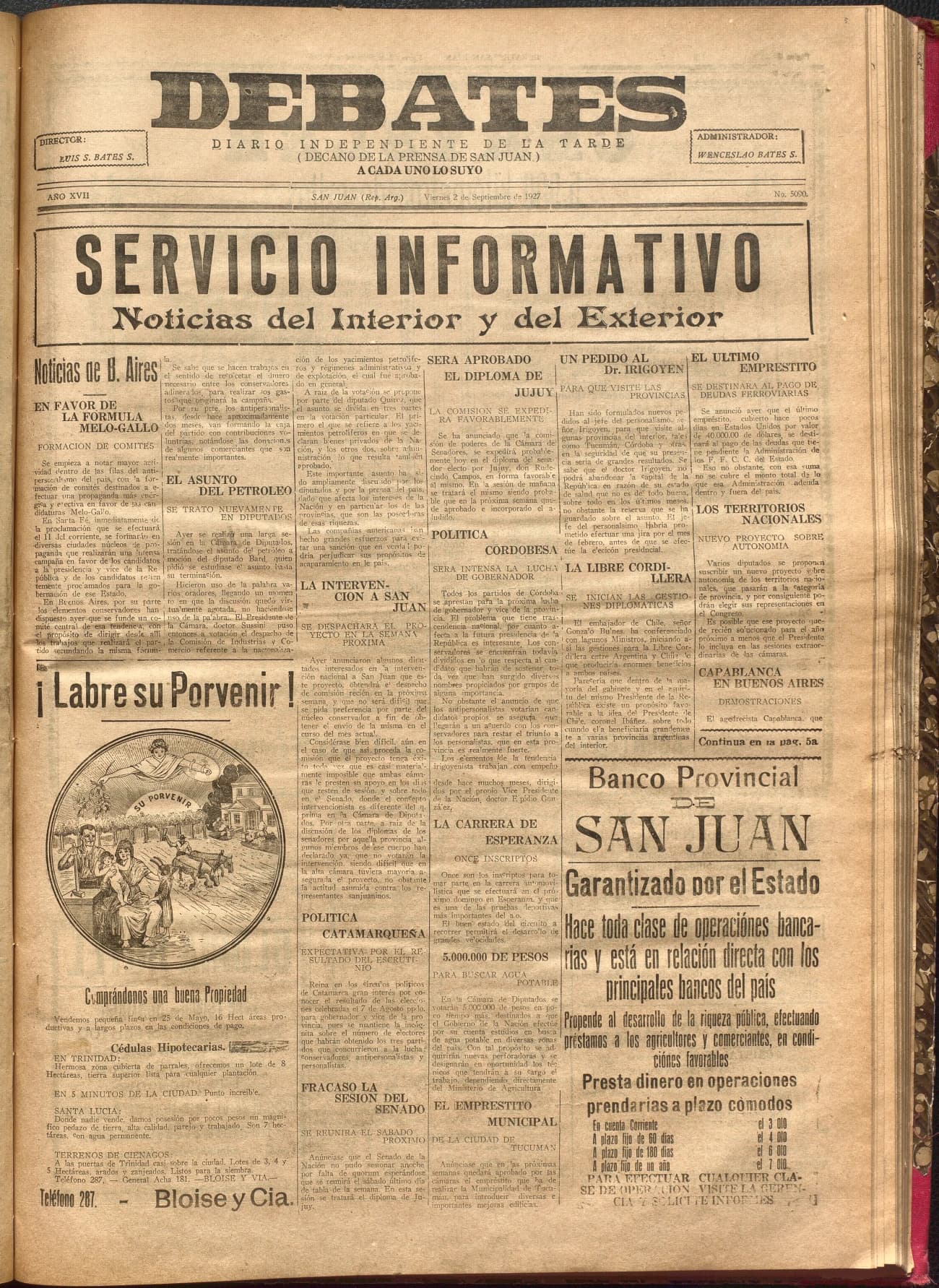 Portada · Diario Debates del 2 de septiembre de 1927