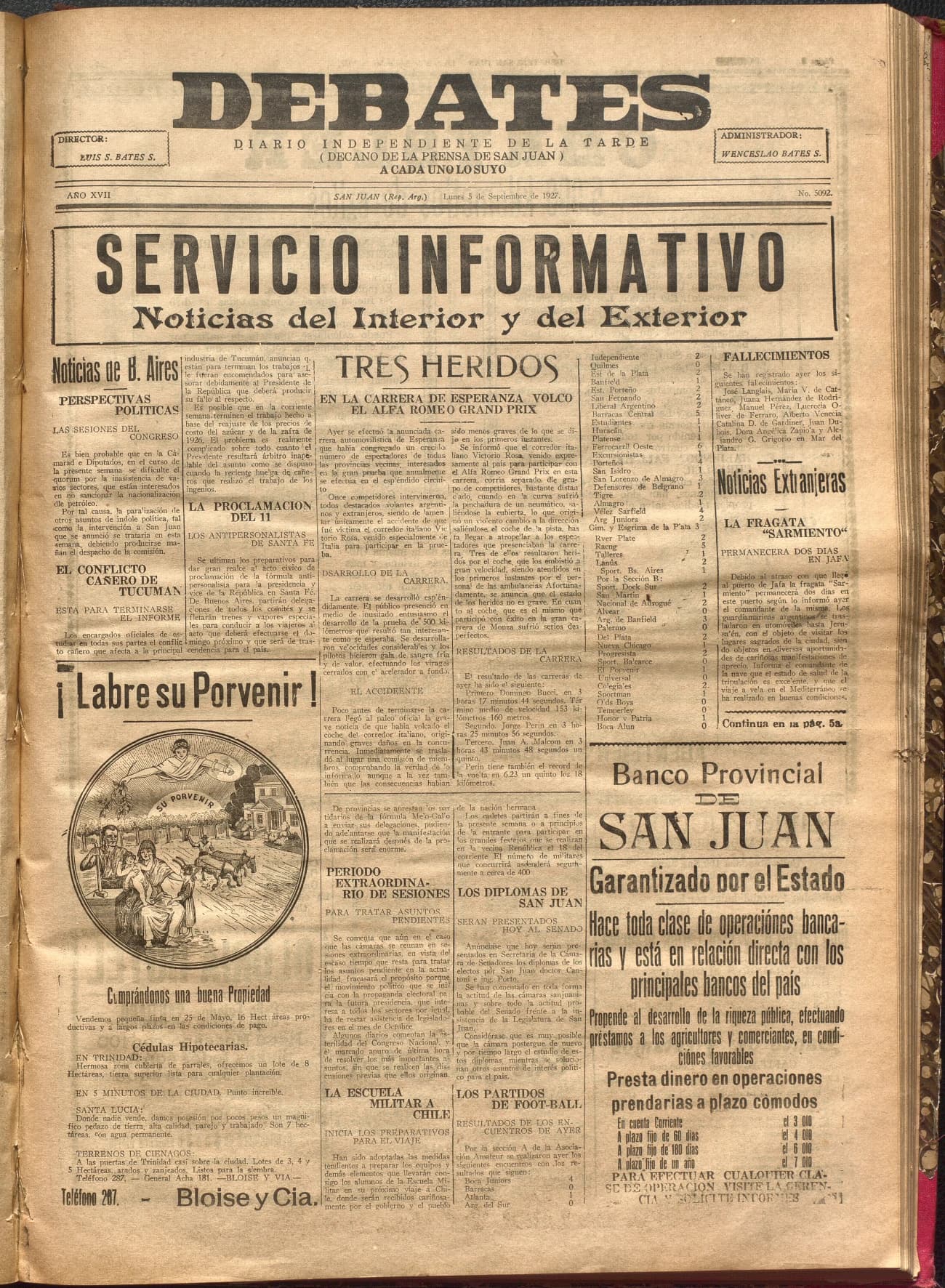 Portada · Diario Debates del 5 de septiembre de 1927