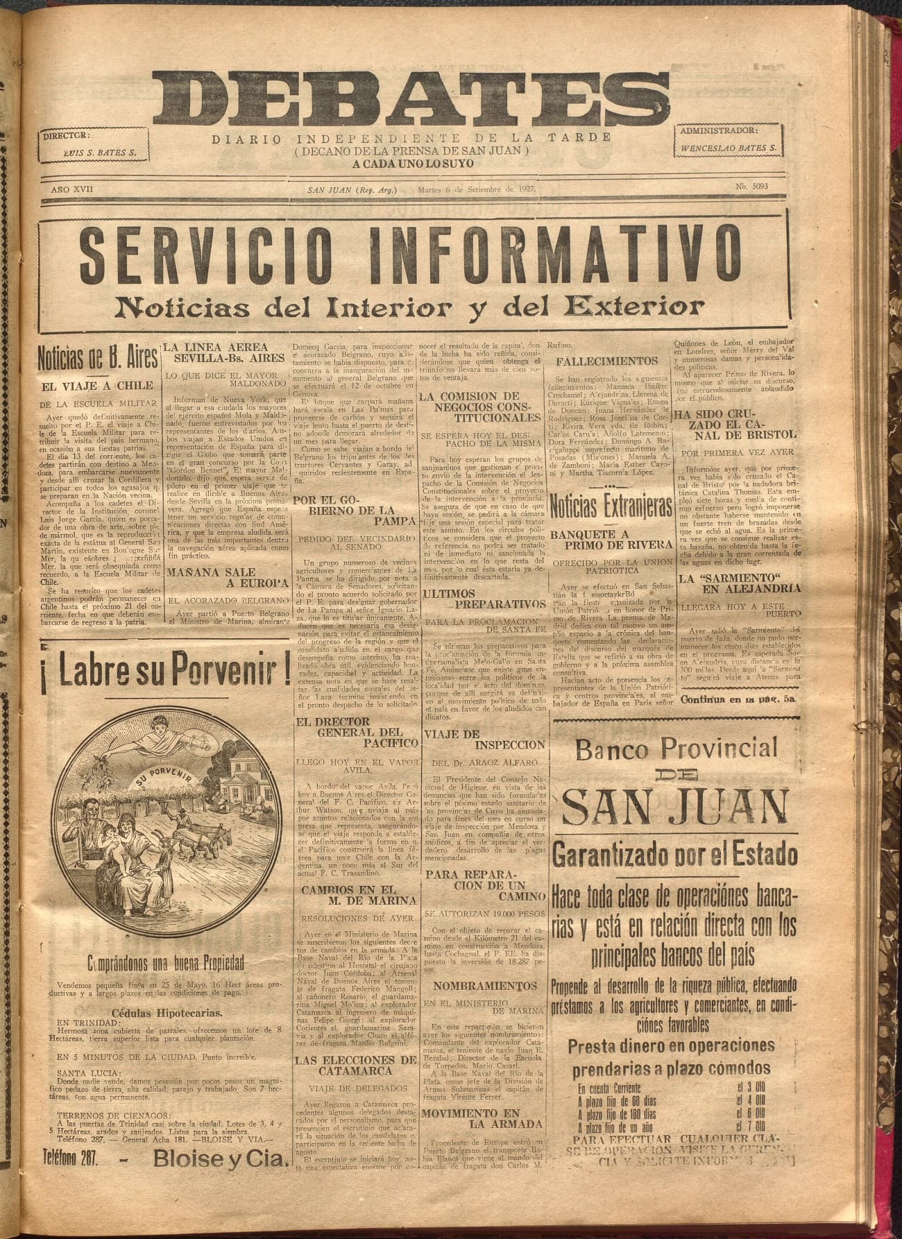 Portada · Diario Debates del 6 de septiembre de 1927