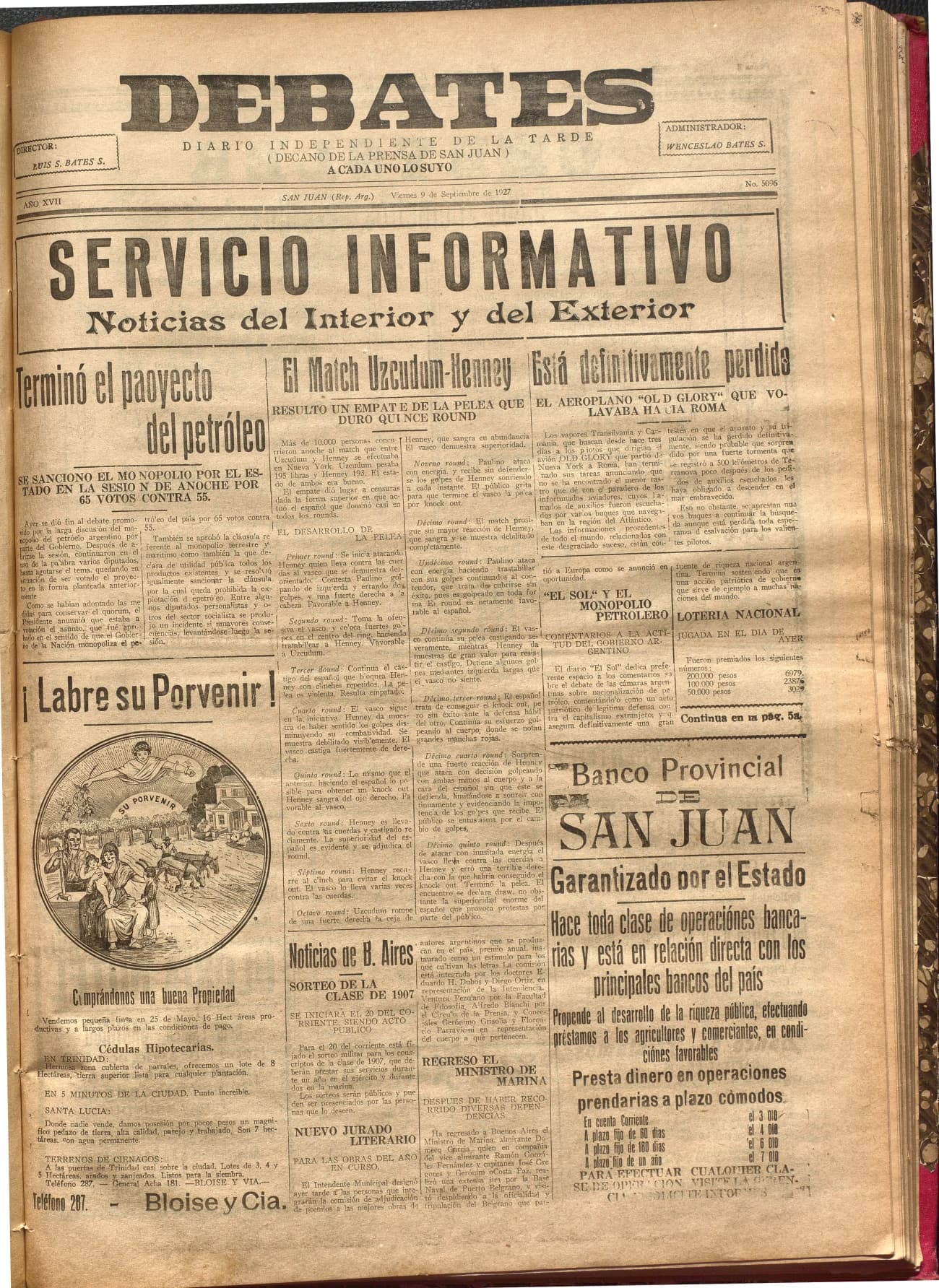 Portada · Diario Debates del 9 de septiembre de 1927
