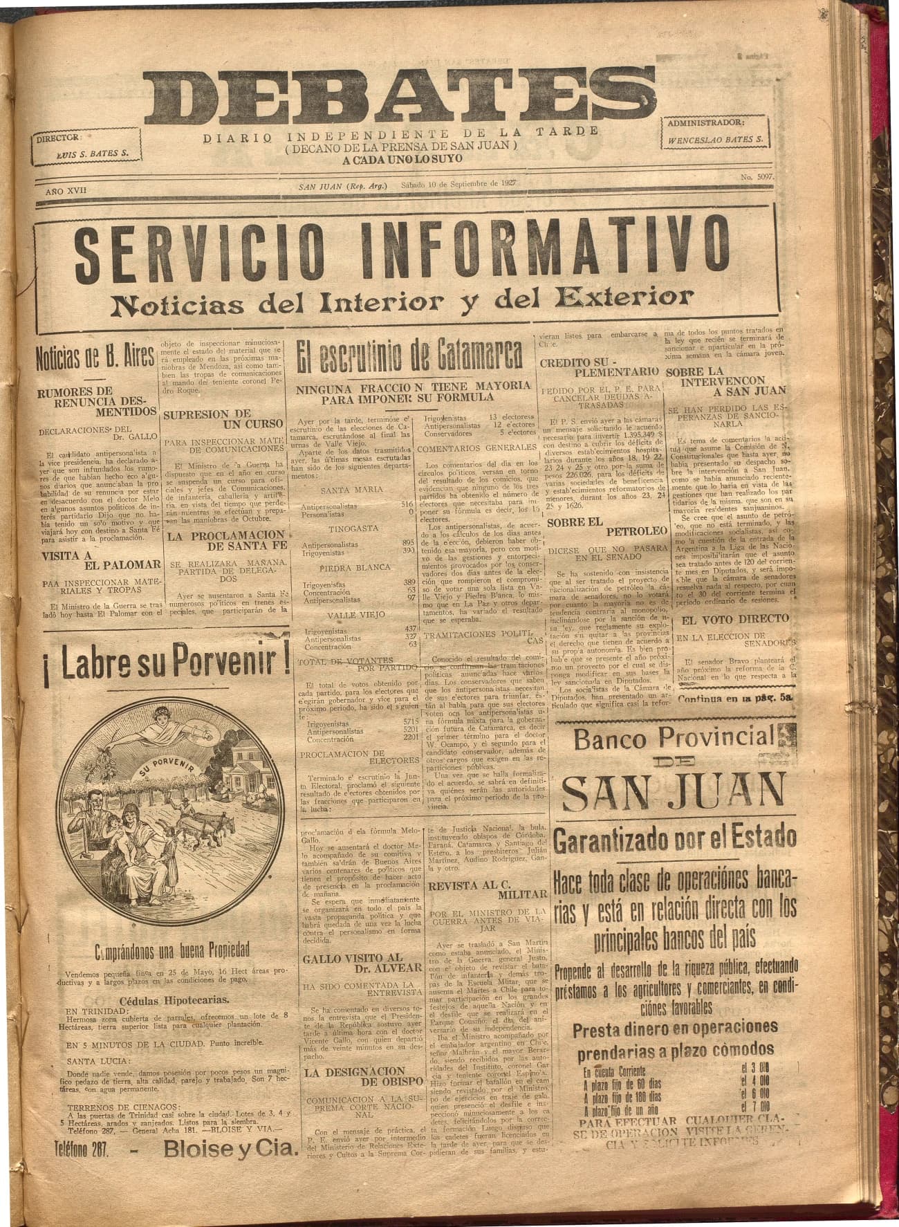 Portada · Diario Debates del 10 de septiembre de 1927