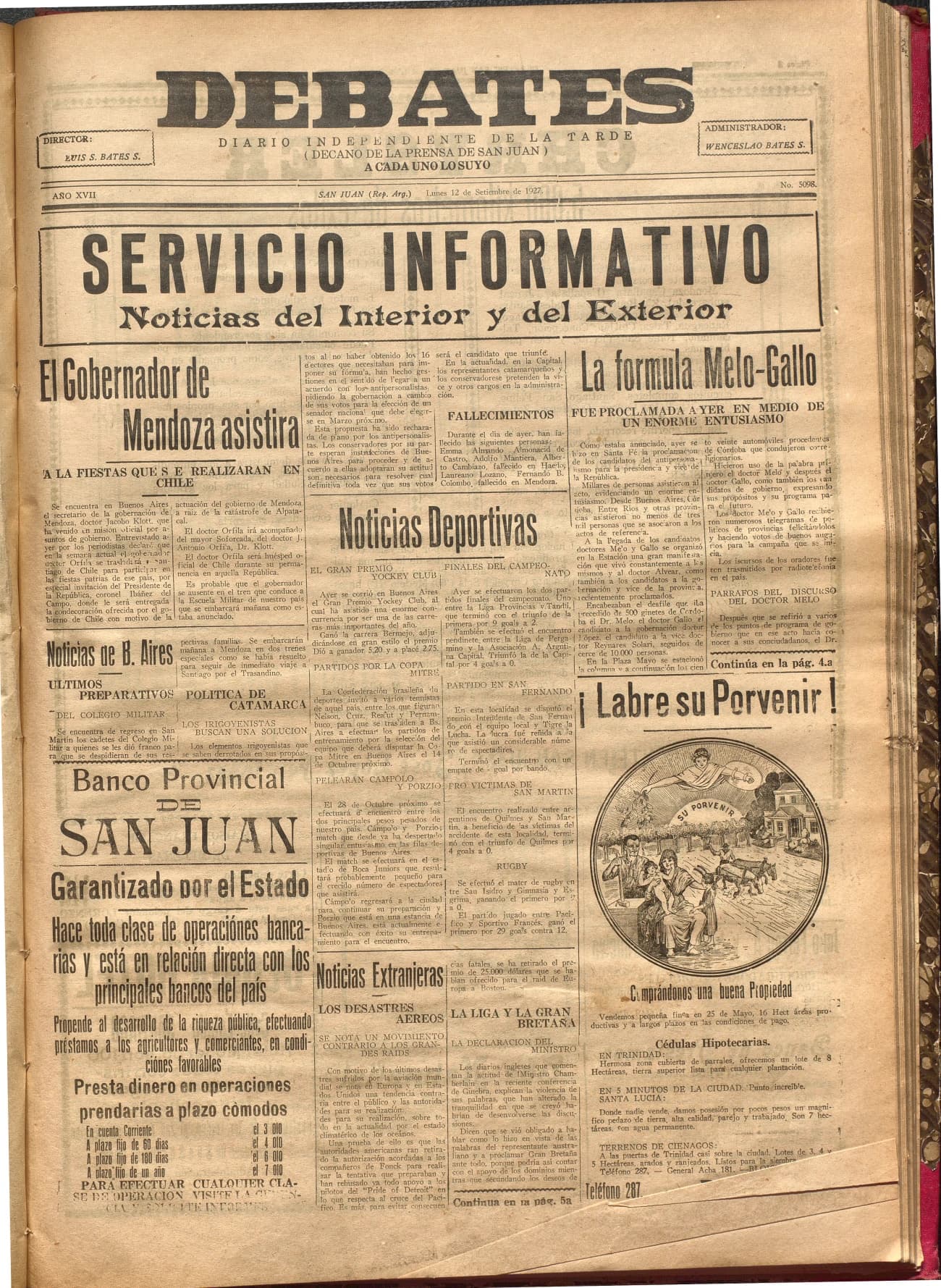 Portada · Diario Debates del 12 de septiembre de 1927