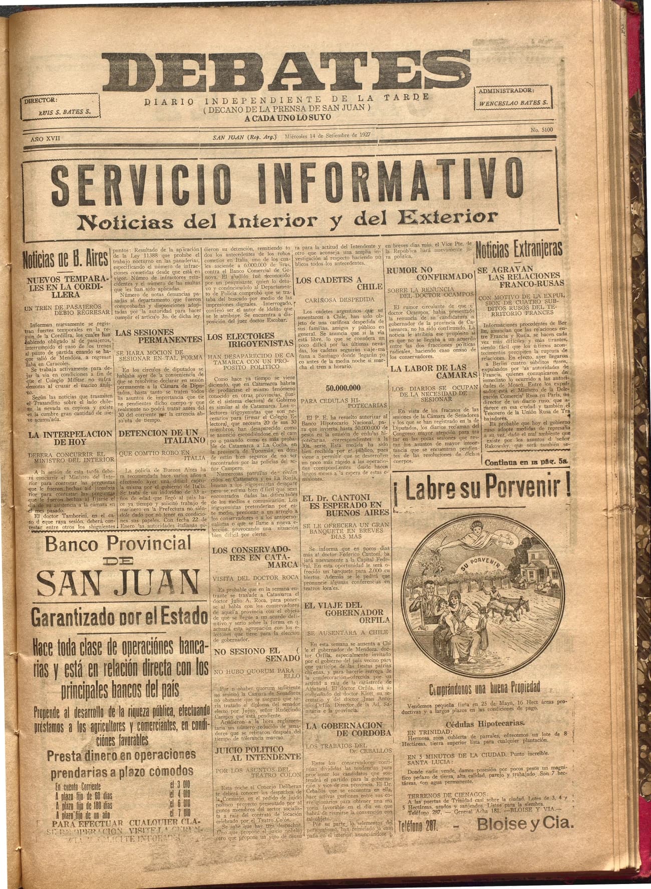 Portada · Diario Debates del 14 de septiembre de 1927