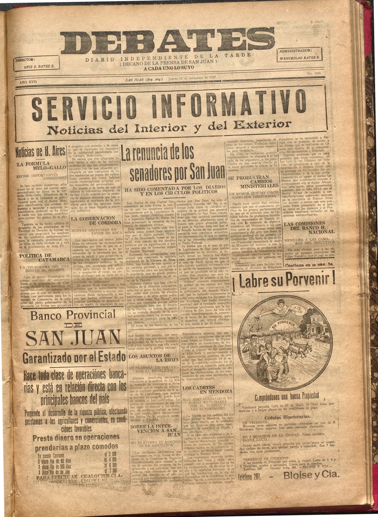 Portada · Diario Debates del 15 de septiembre de 1927