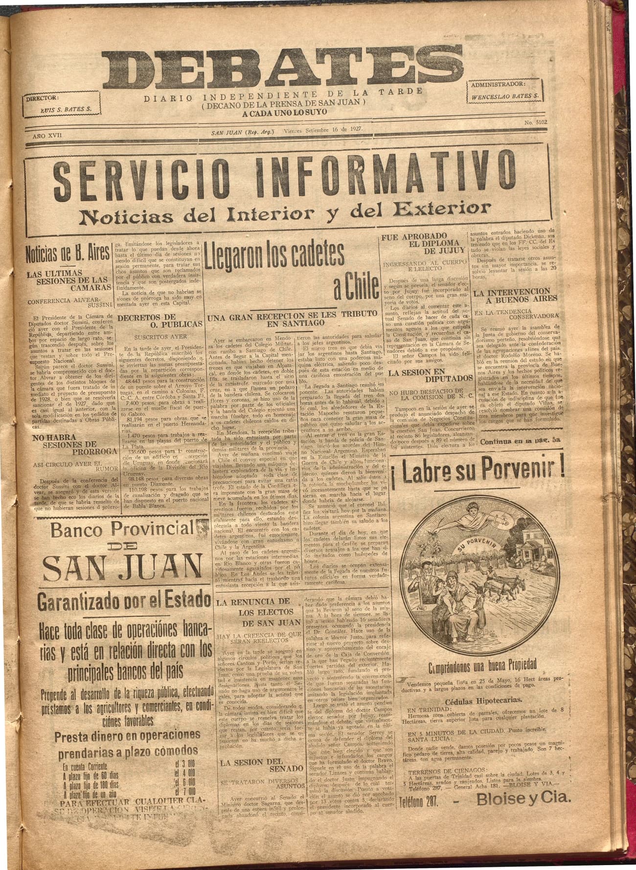 Portada · Diario Debates del 16 de septiembre de 1927