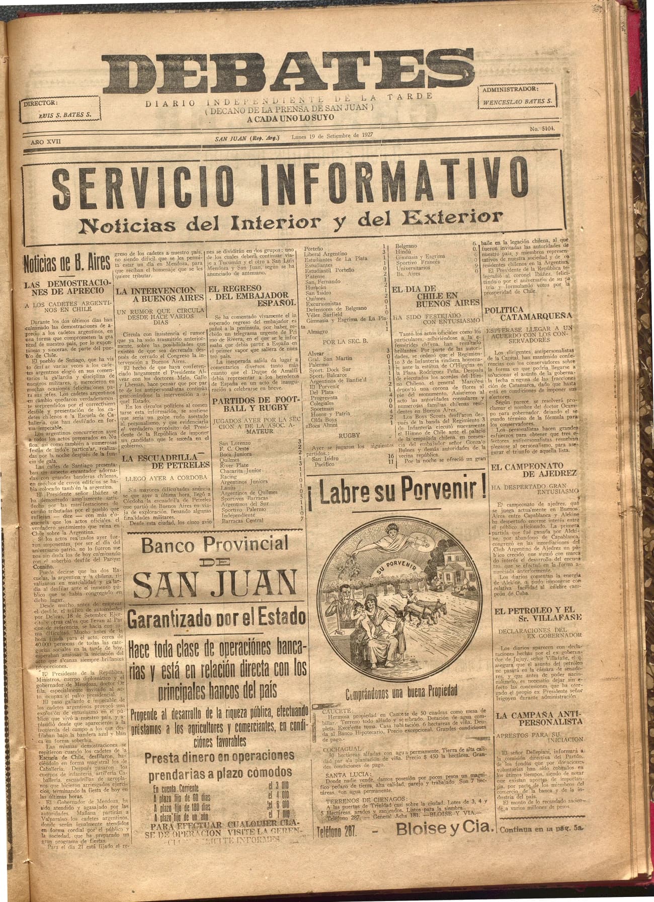 Portada · Diario Debates del 19 de septiembre de 1927