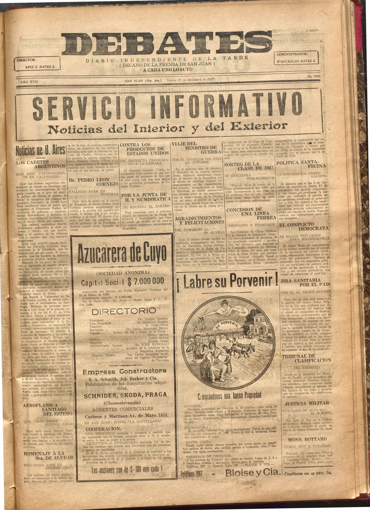 Portada · Diario Debates del 20 de septiembre de 1927