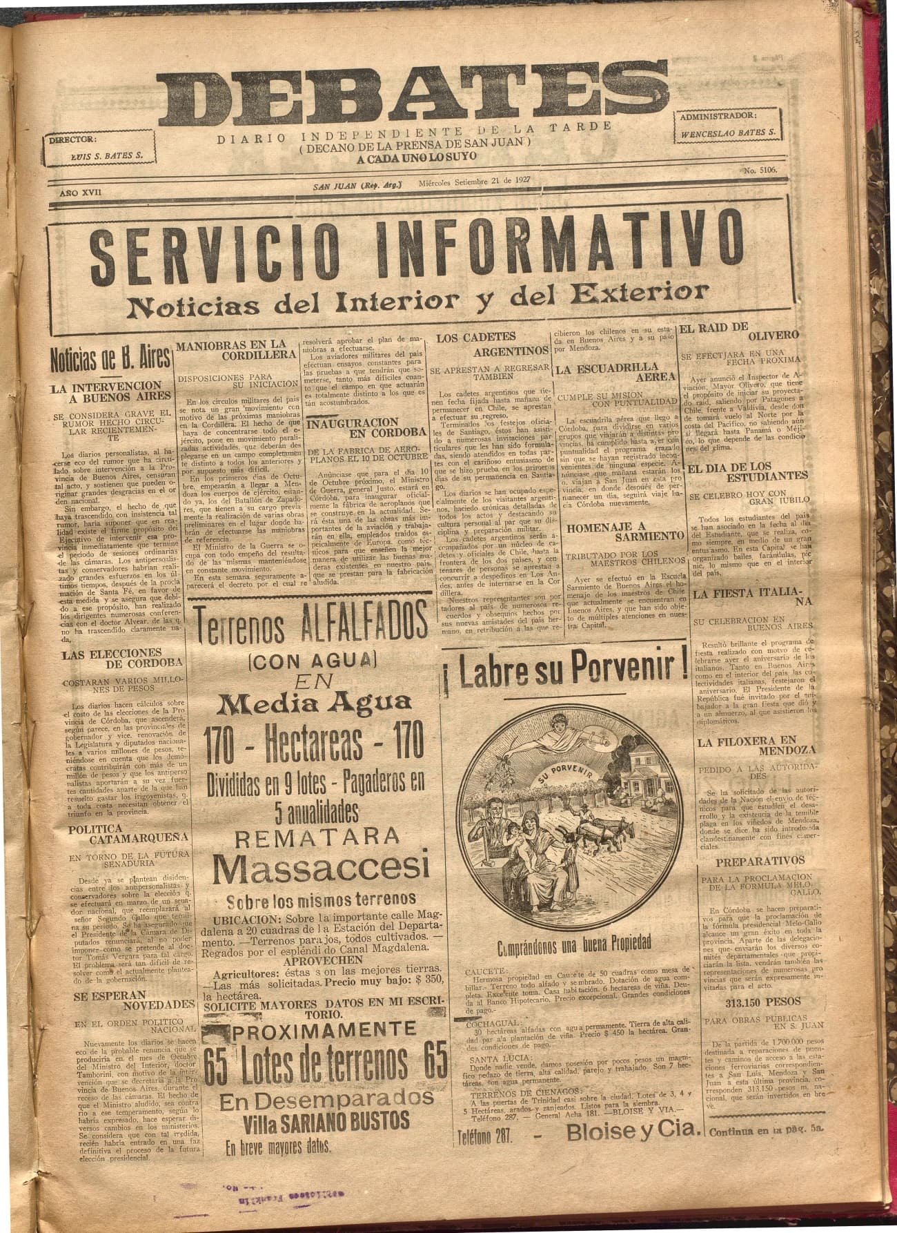 Portada · Diario Debates del 21 de septiembre de 1927