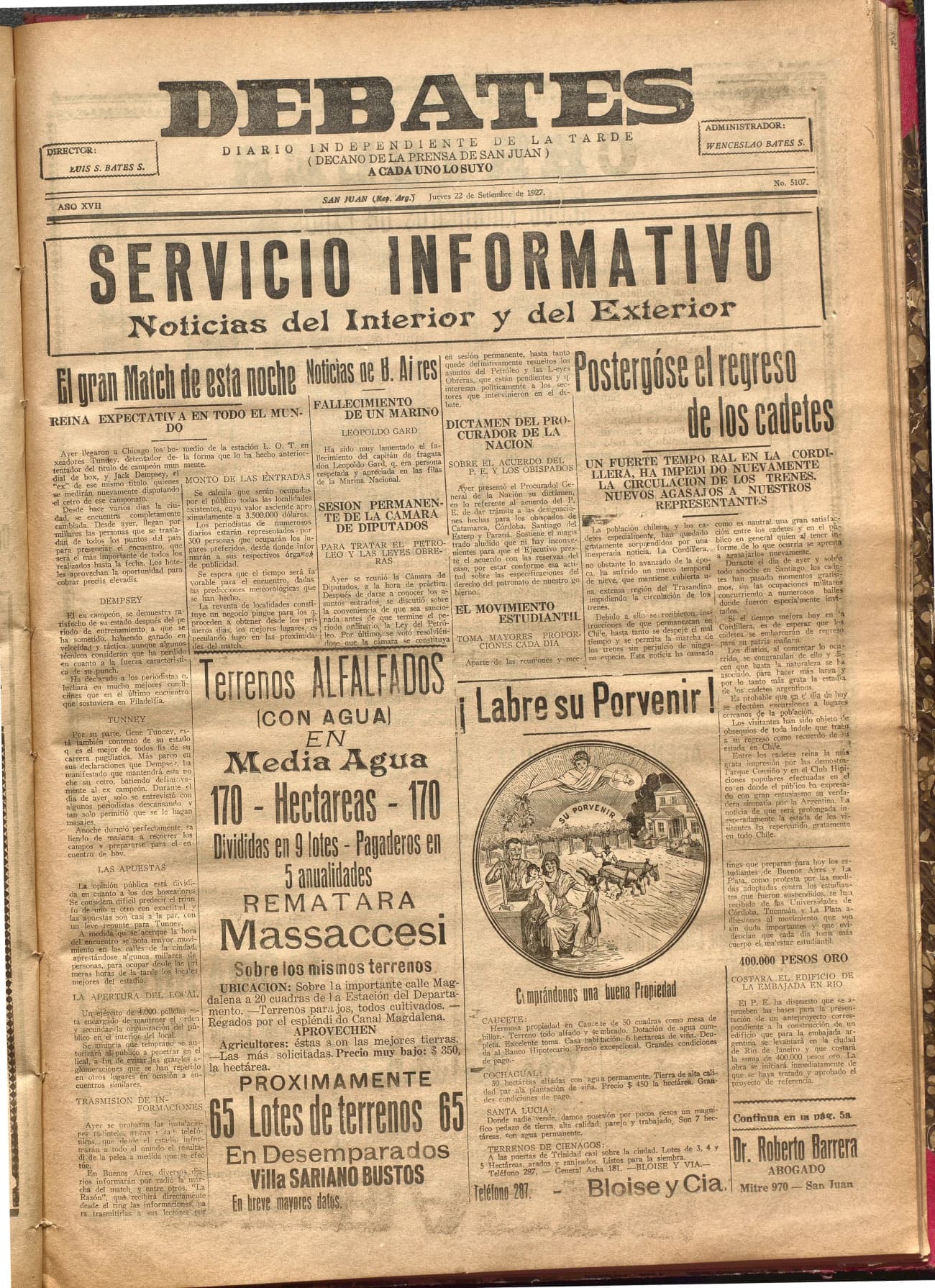 Portada · Diario Debates del 22 de septiembre de 1927