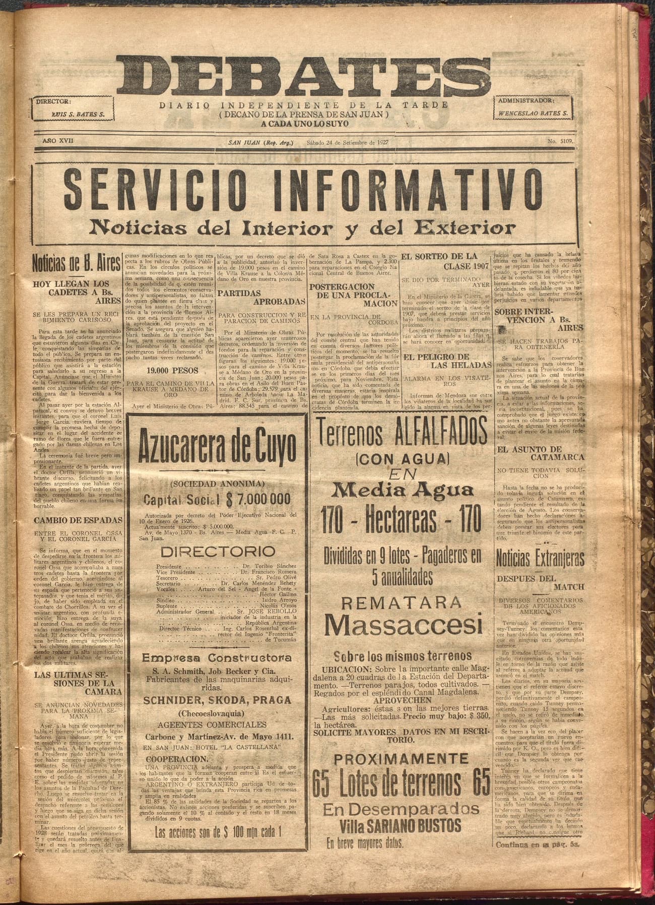 Portada · Diario Debates del 24 de septiembre de 1927