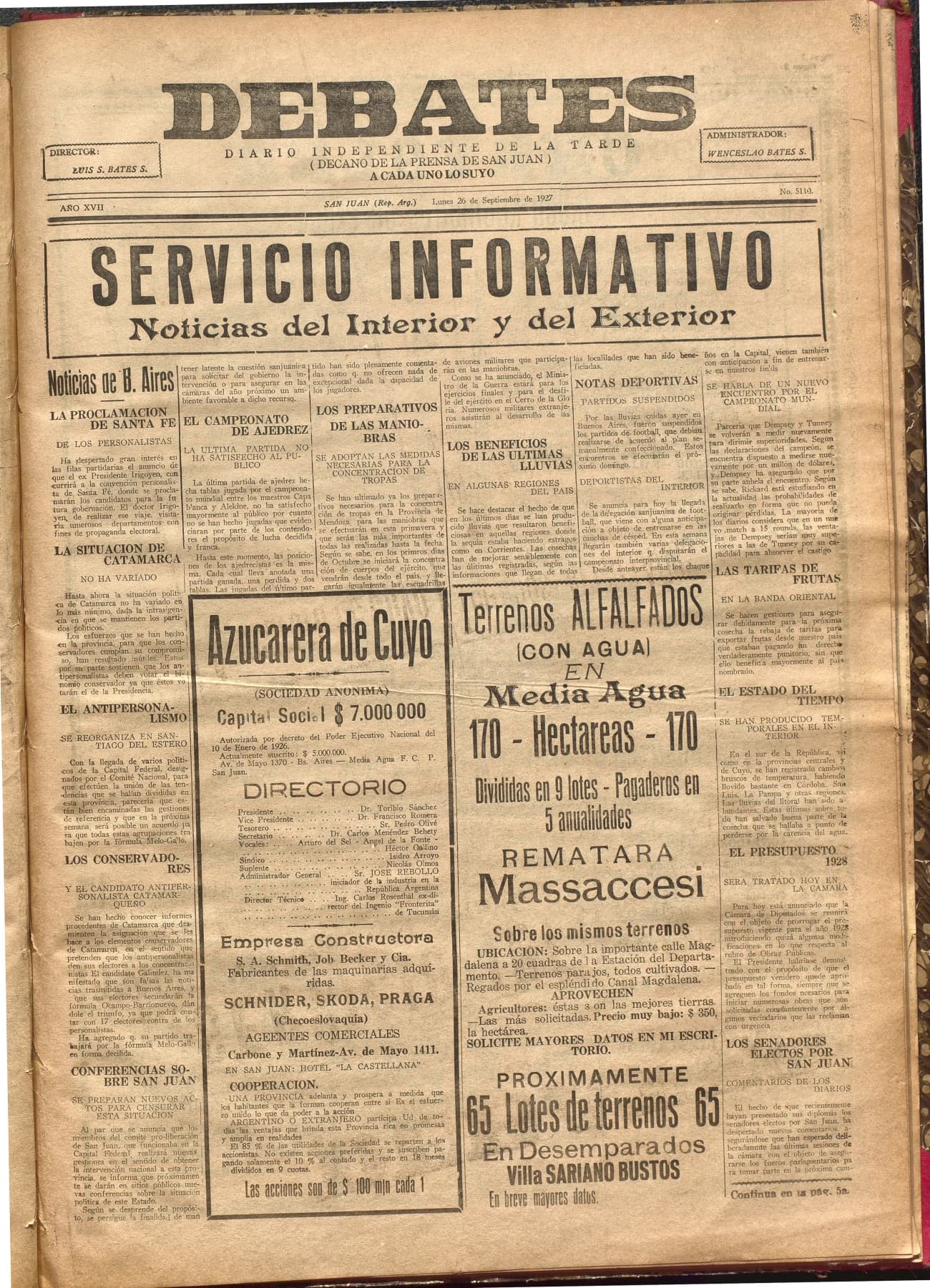 Portada · Diario Debates del 26 de septiembre de 1927