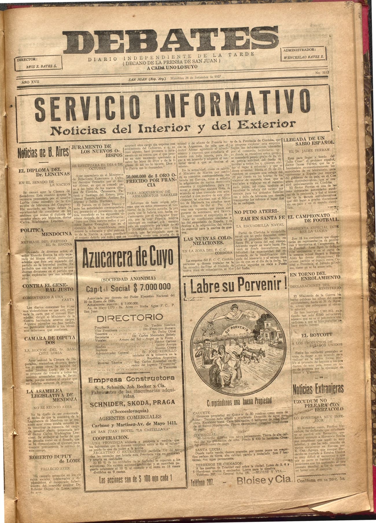 Portada · Diario Debates del 28 de septiembre de 1927