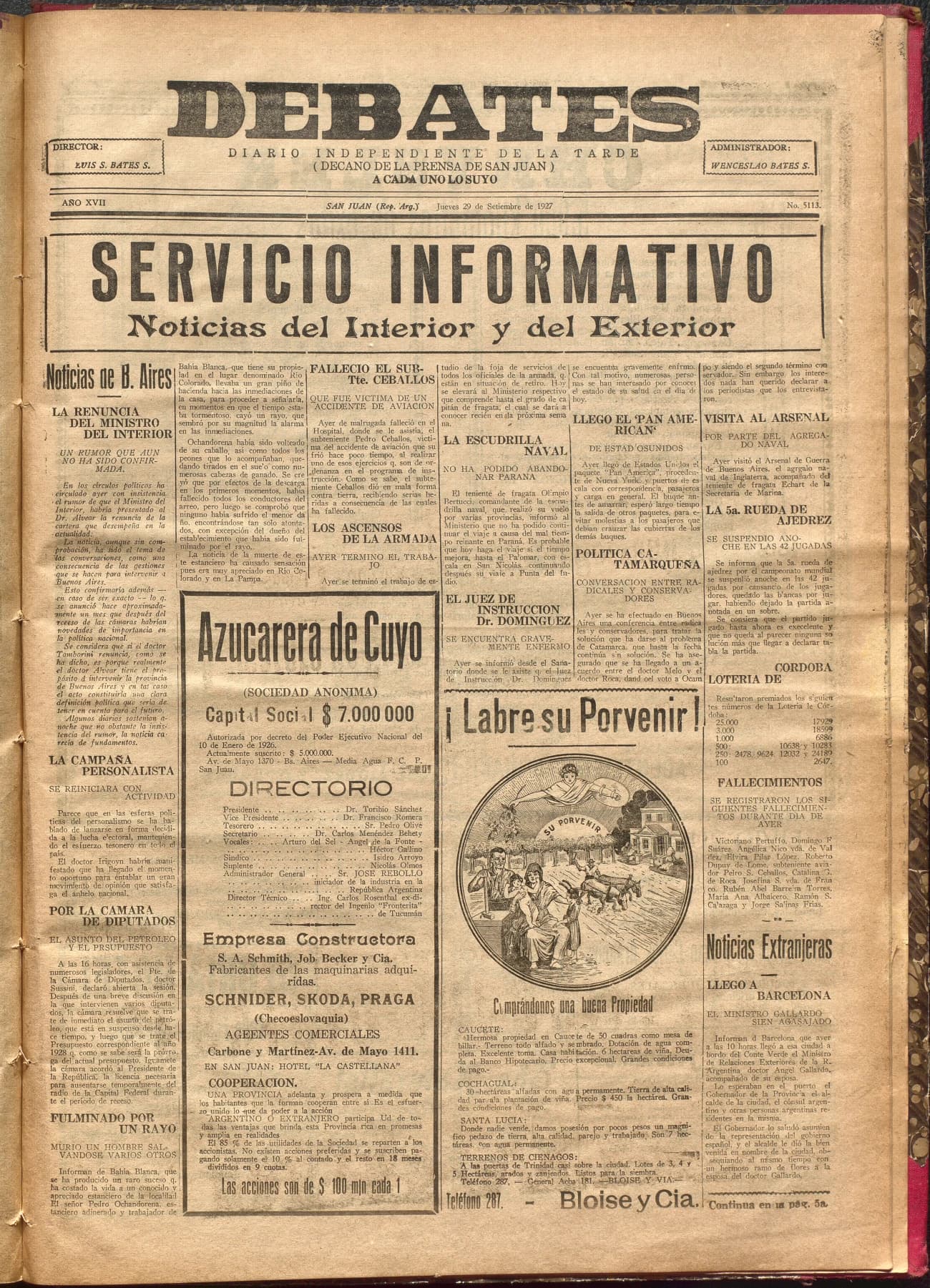 Portada · Diario Debates del 29 de septiembre de 1927