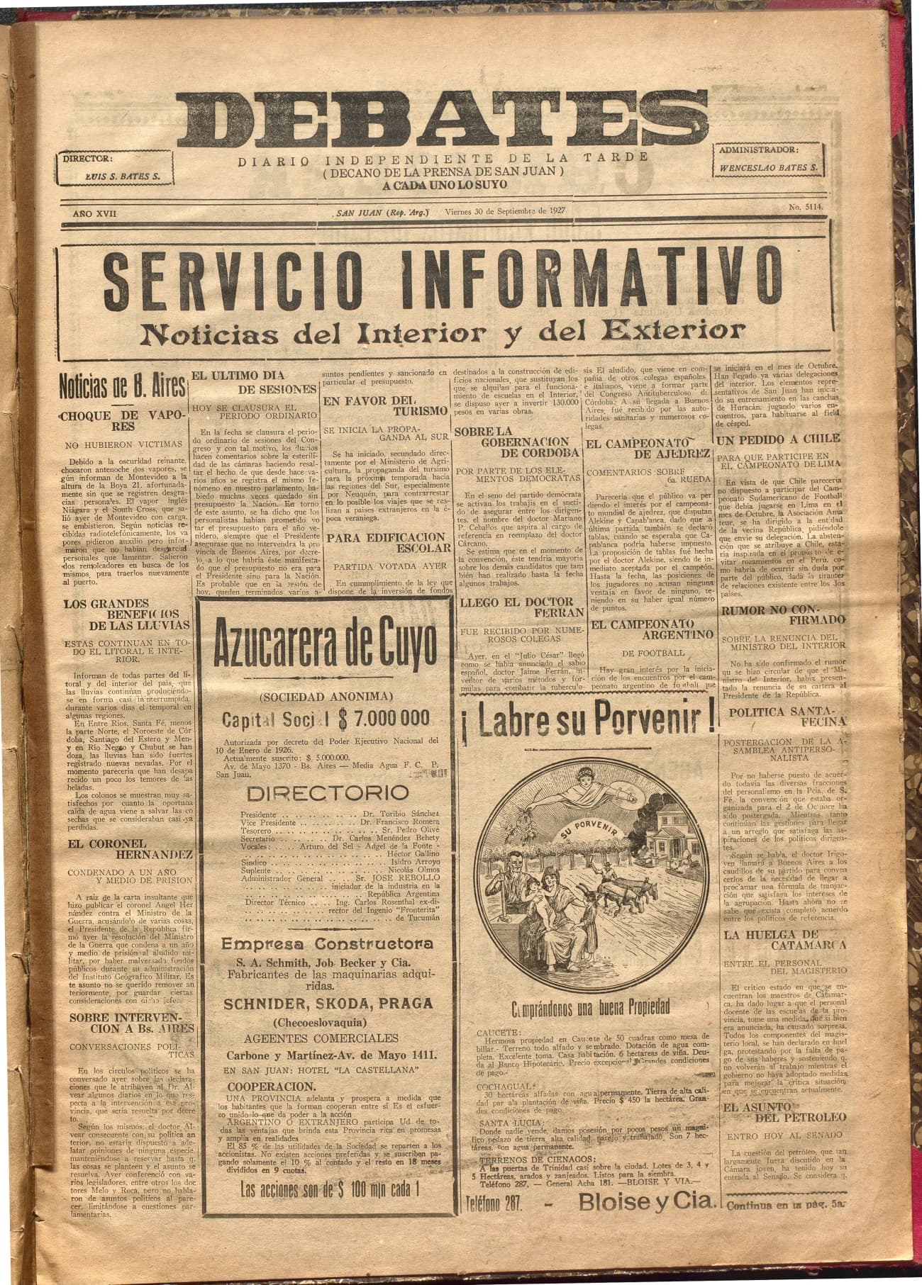 Portada · Diario Debates del 30 de septiembre de 1927