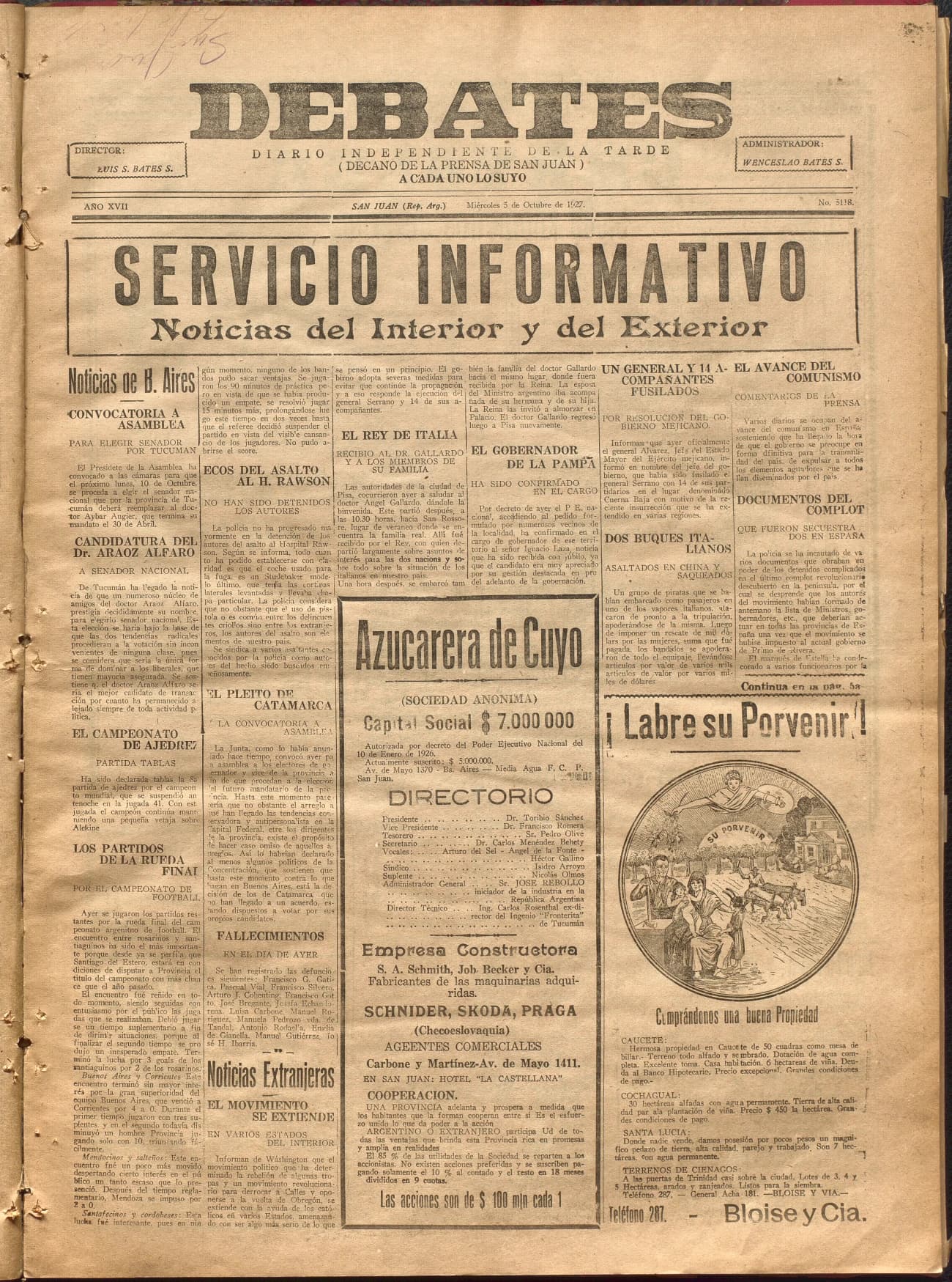 Portada · Diario Debates del 5 de octubre de 1927