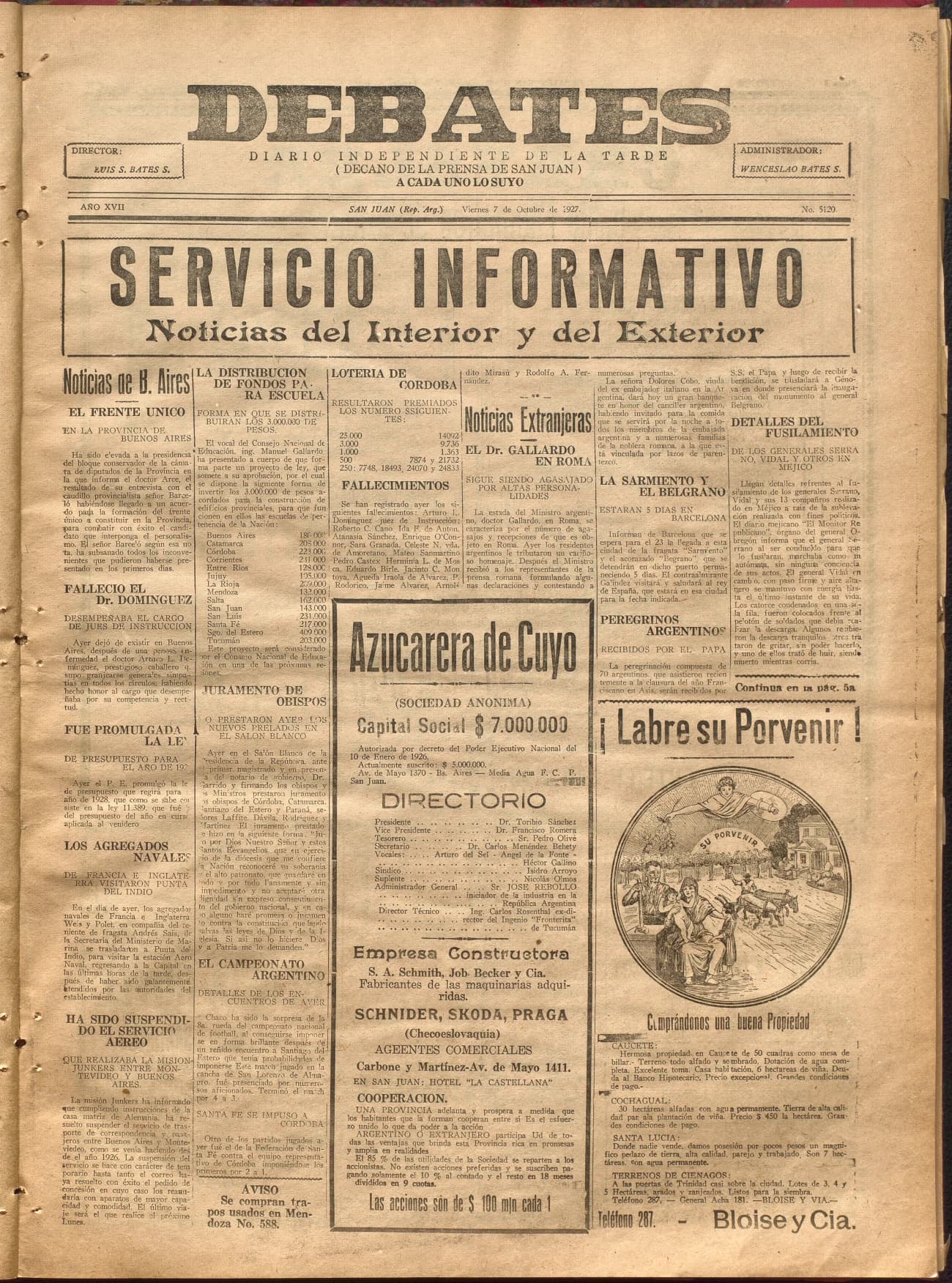 Portada · Diario Debates del 7 de octubre de 1927