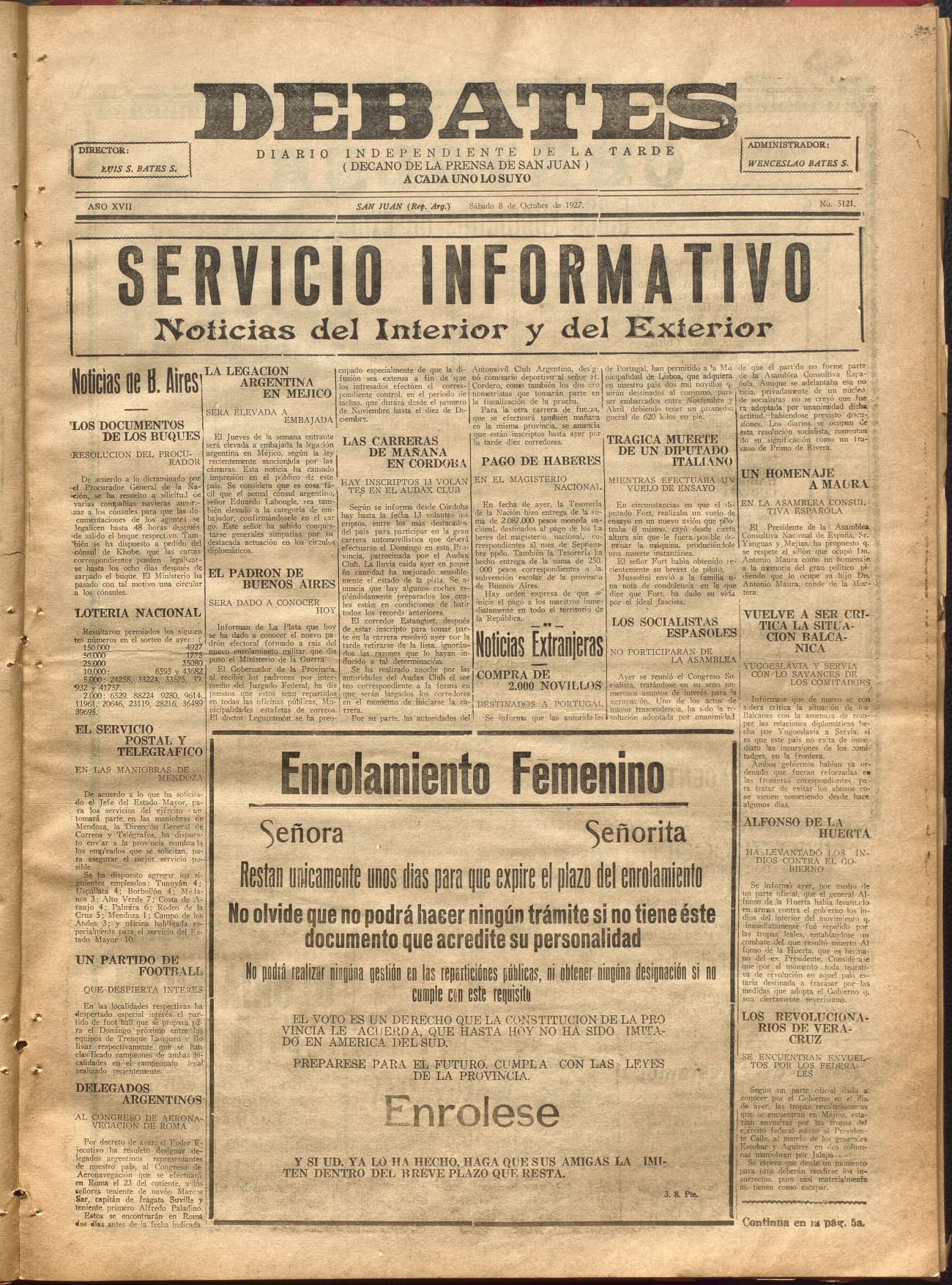 Portada · Diario Debates del 8 de octubre de 1927