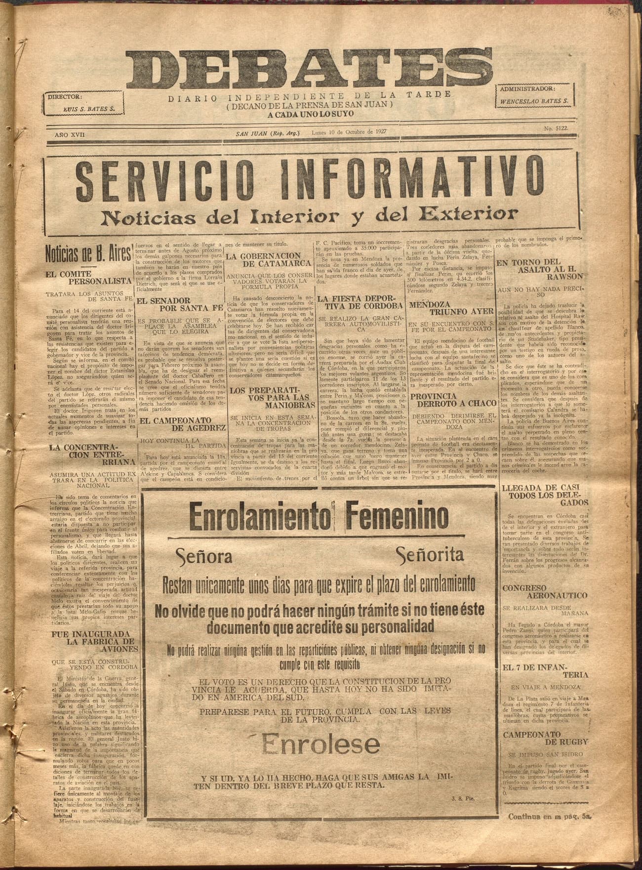 Portada · Diario Debates del 10 de octubre de 1927