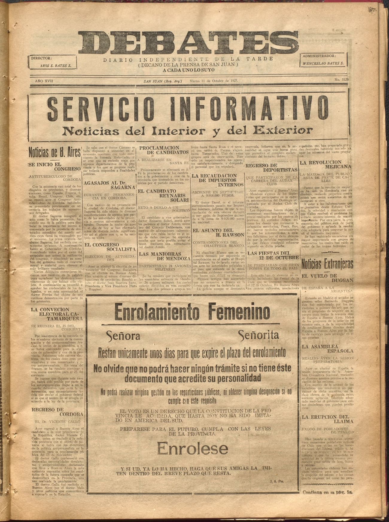 Portada · Diario Debates del 11 de octubre de 1927