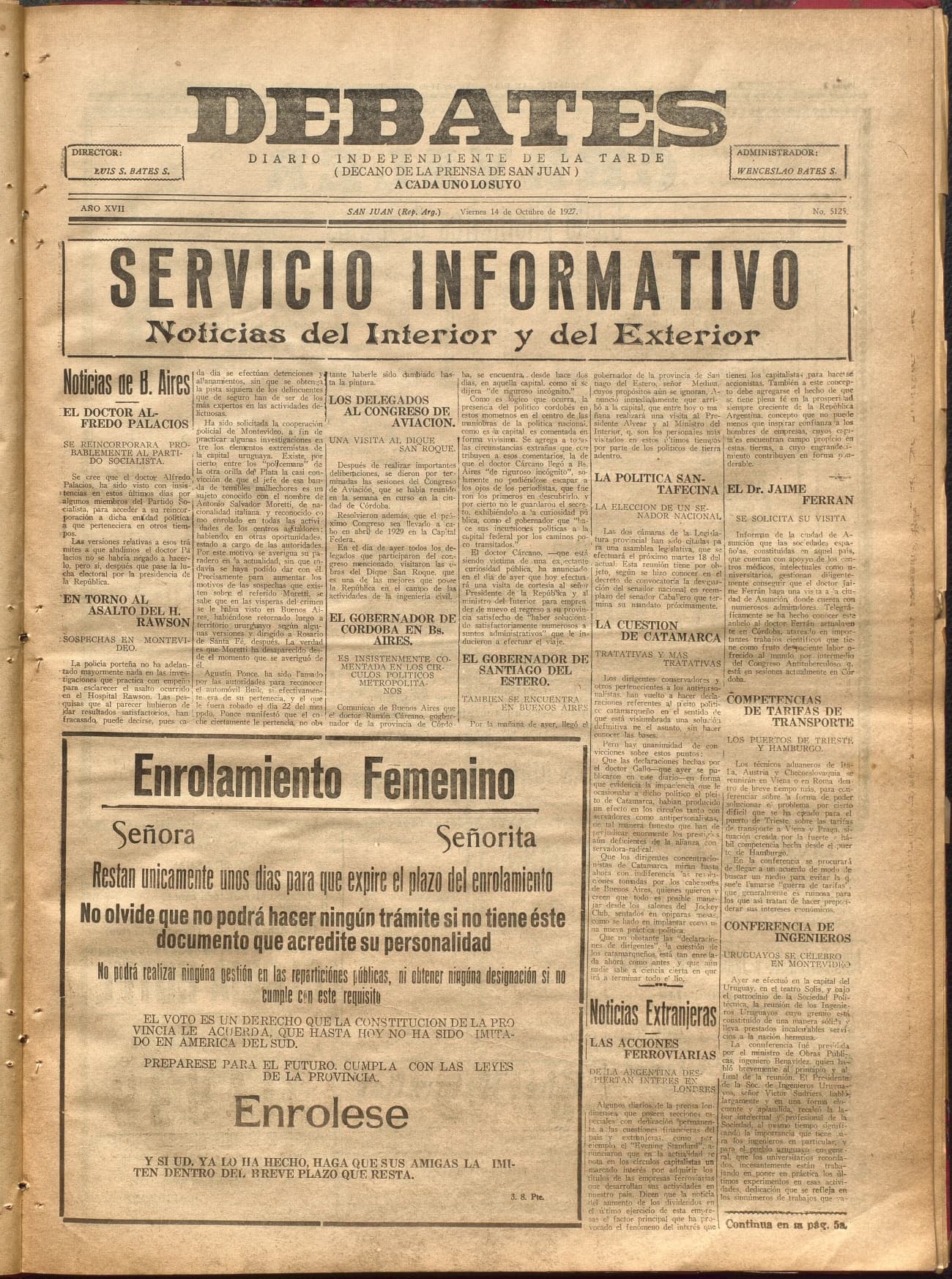 Portada · Diario Debates del 14 de octubre de 1927