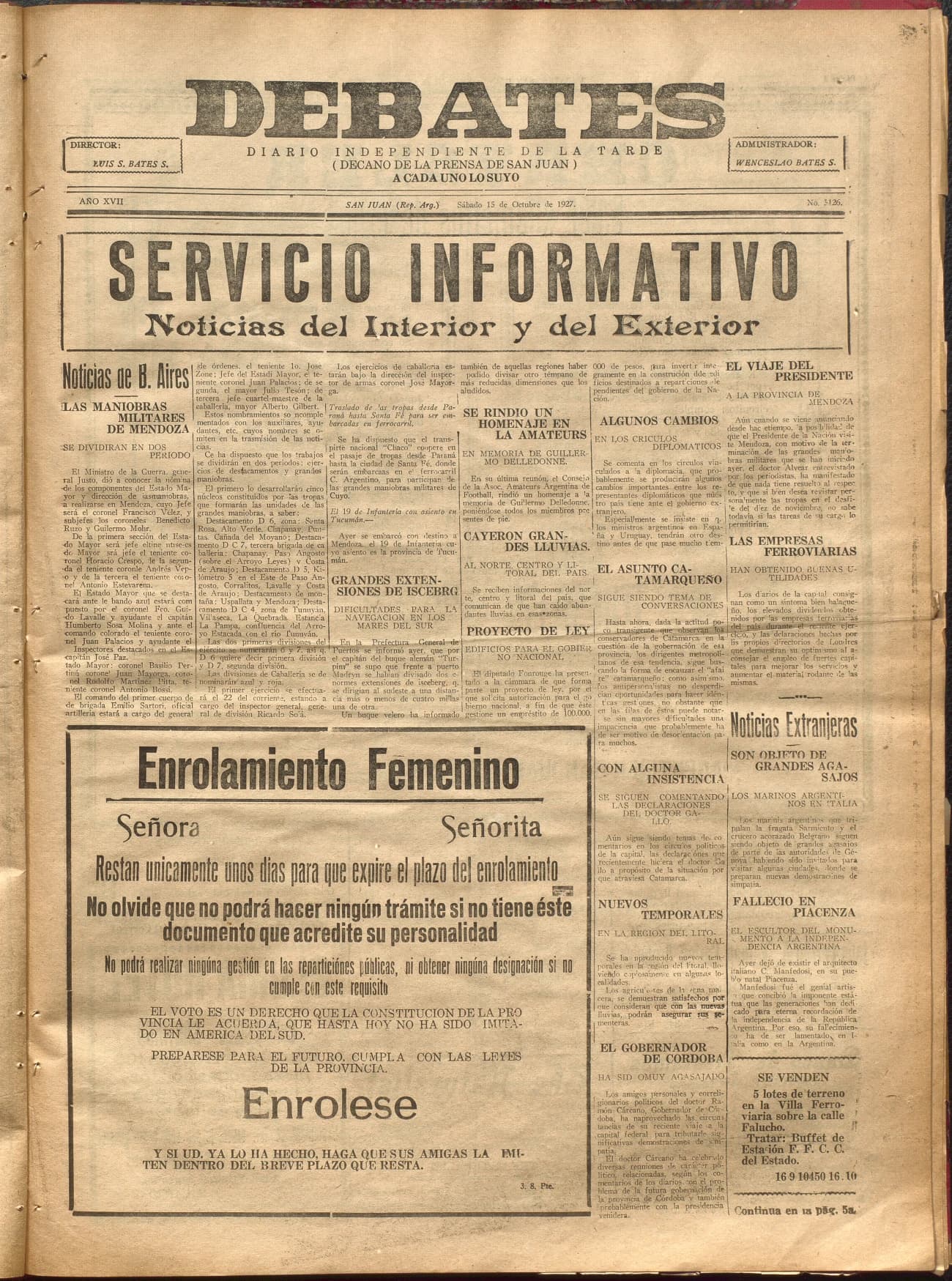 Portada · Diario Debates del 15 de octubre de 1927
