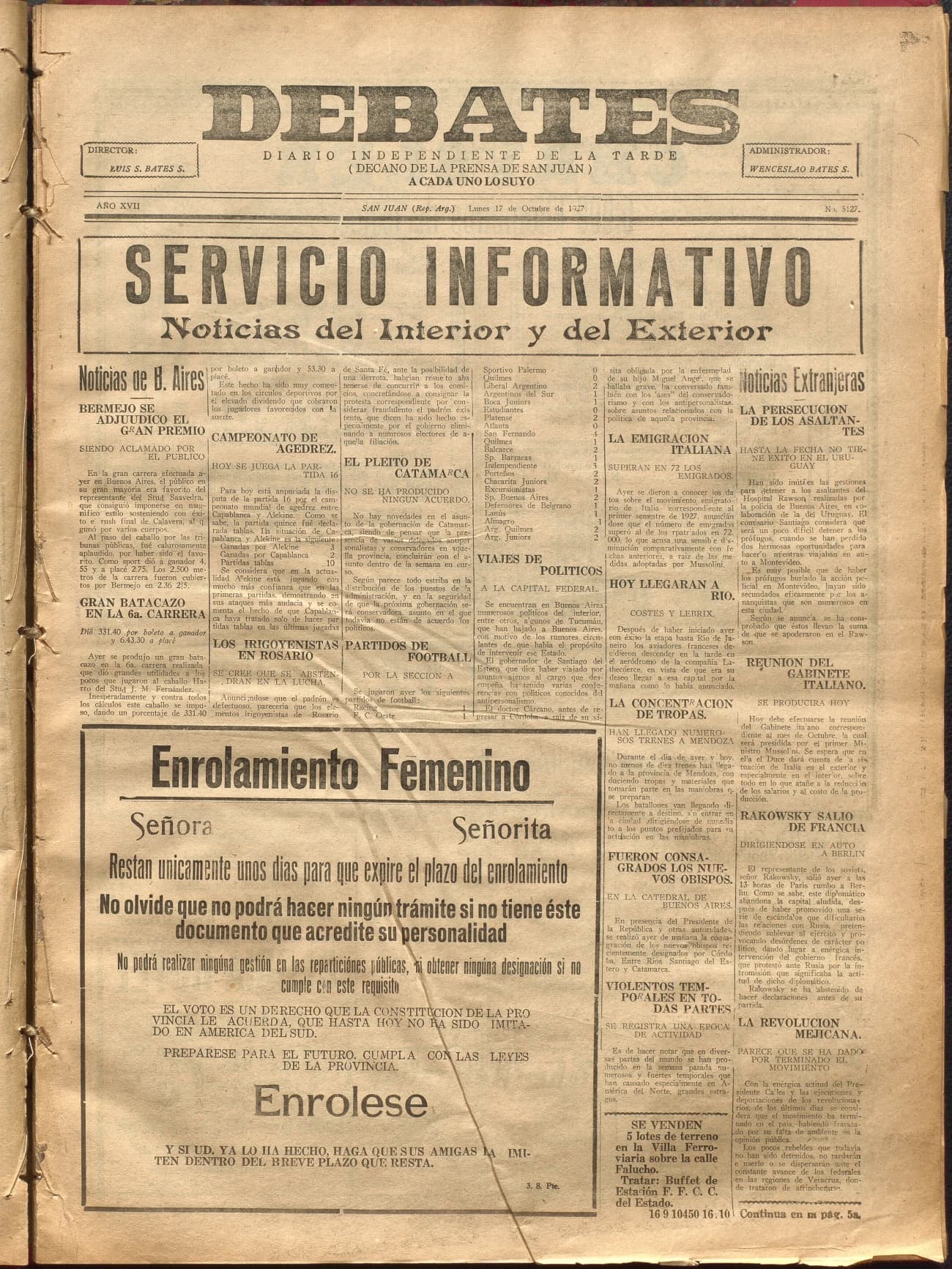 Portada · Diario Debates del 17 de octubre de 1927