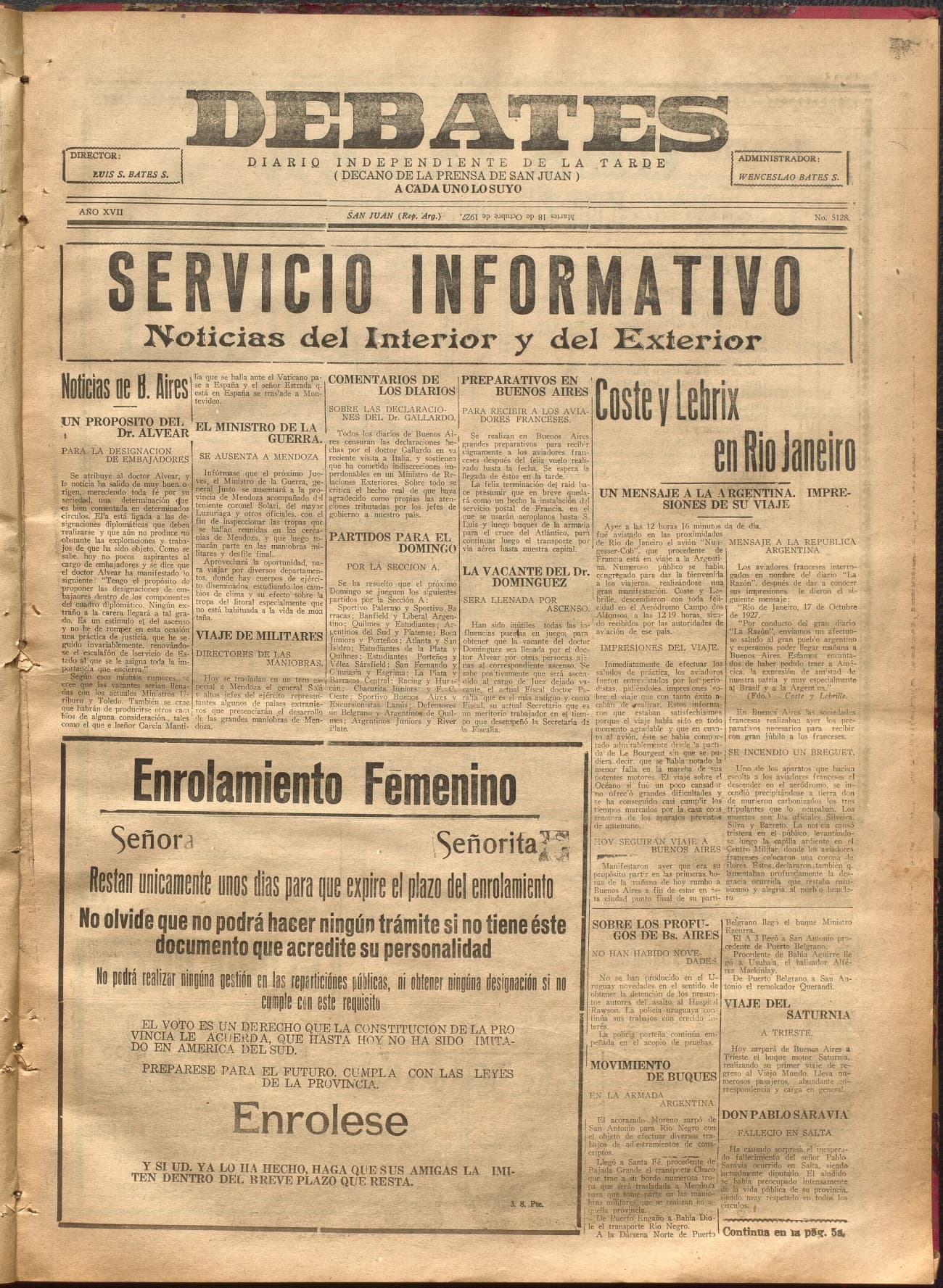 Portada · Diario Debates del 18 de octubre de 1927