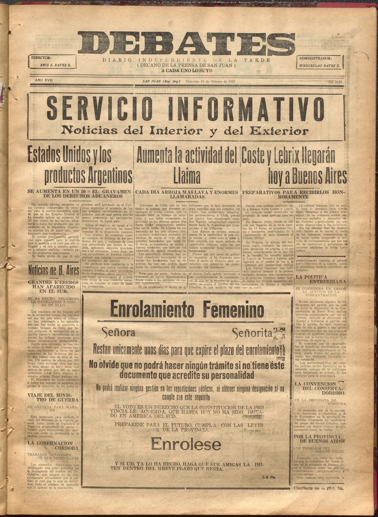Portada · Diario Debates del 19 de octubre de 1927