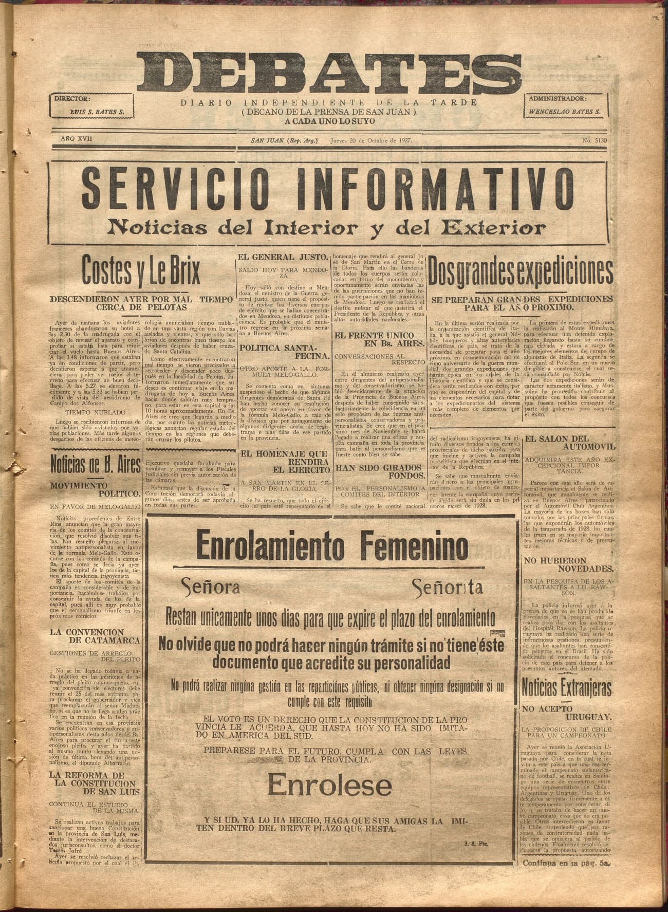 Portada · Diario Debates del 20 de octubre de 1927