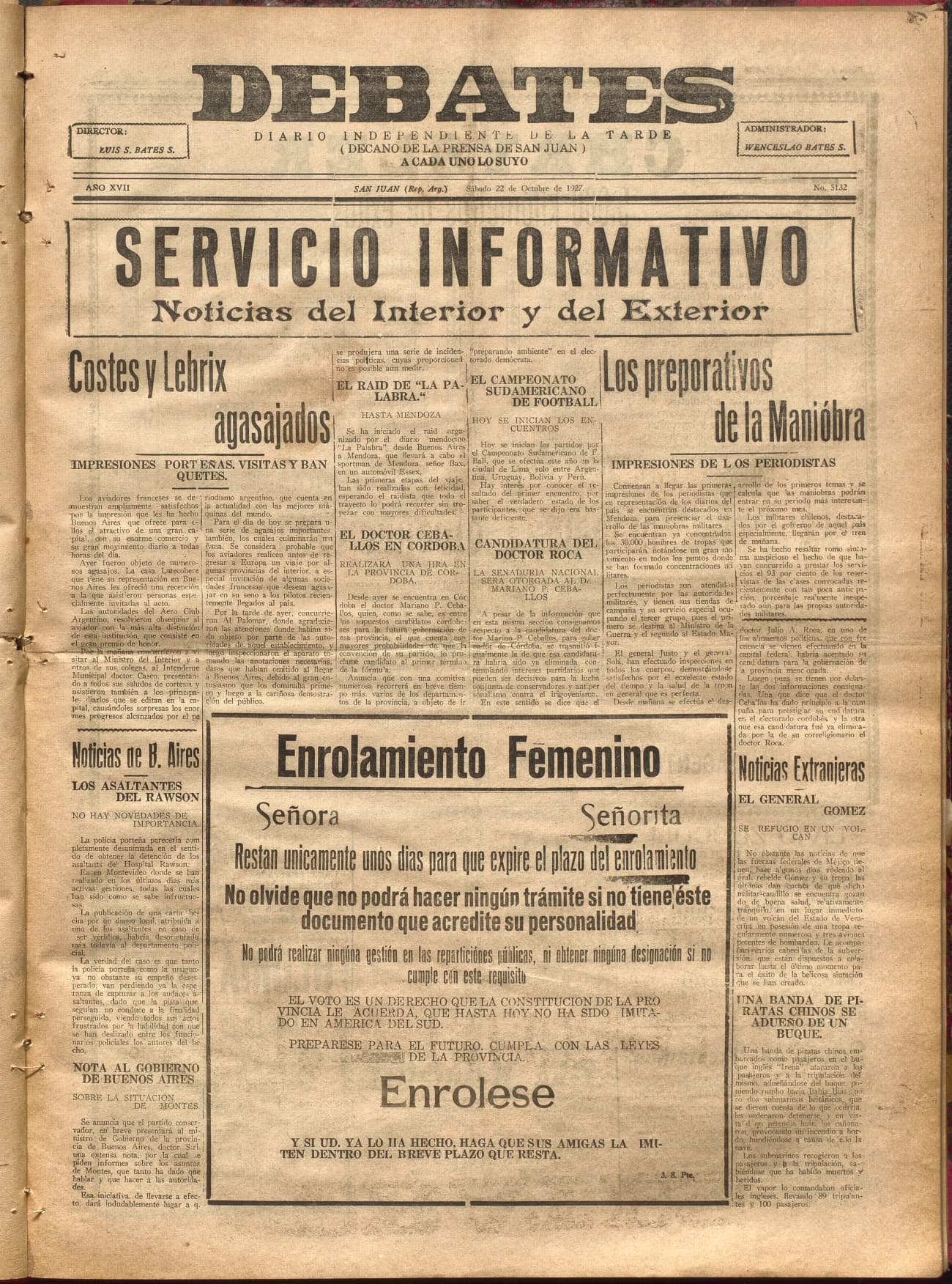 Portada · Diario Debates del 22 de octubre de 1927