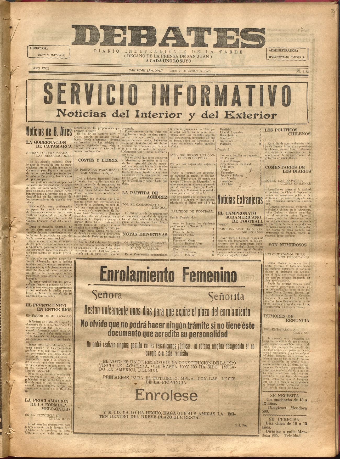 Portada · Diario Debates del 24 de octubre de 1927