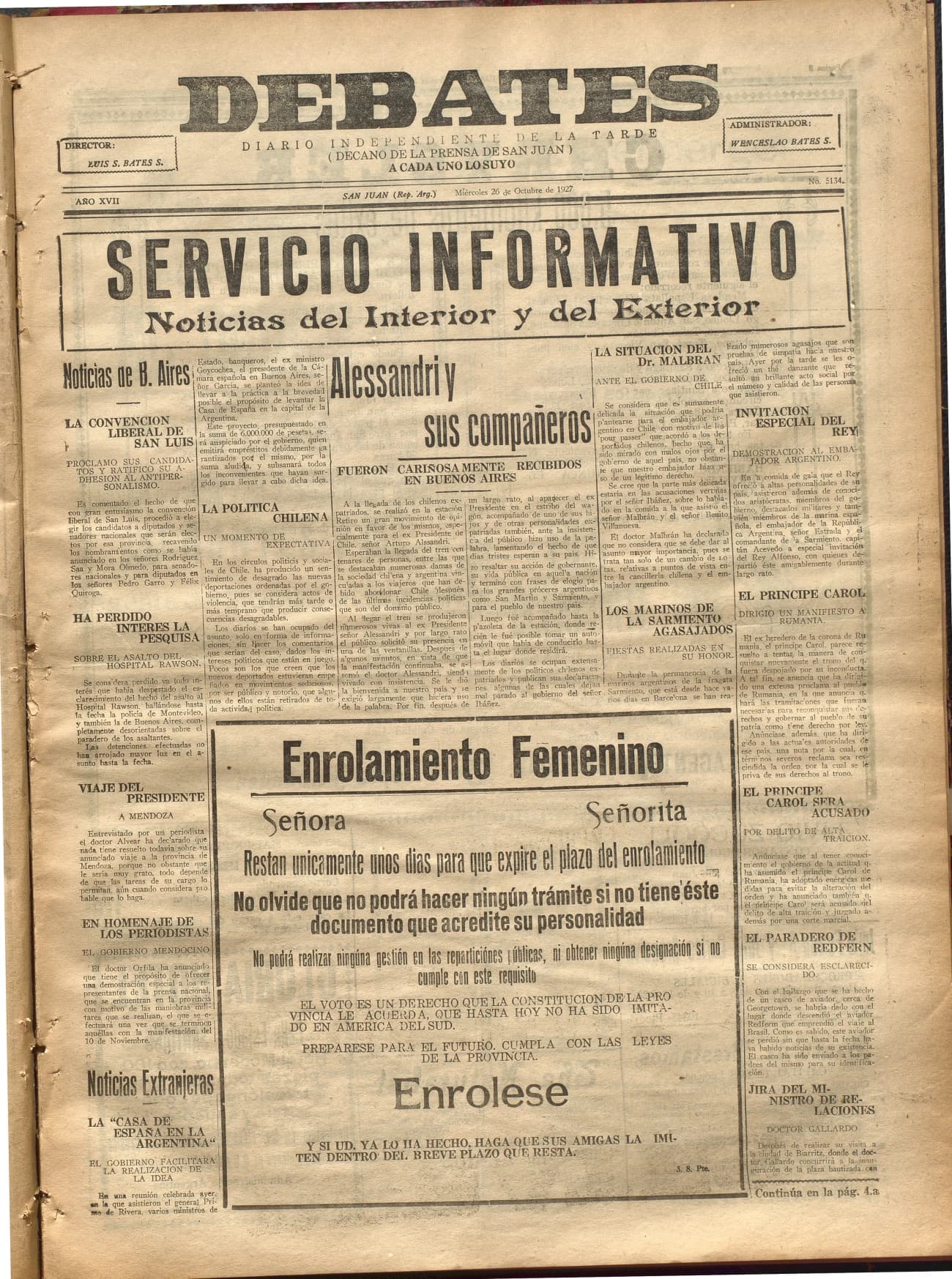 Portada · Diario Debates del 26 de octubre de 1927