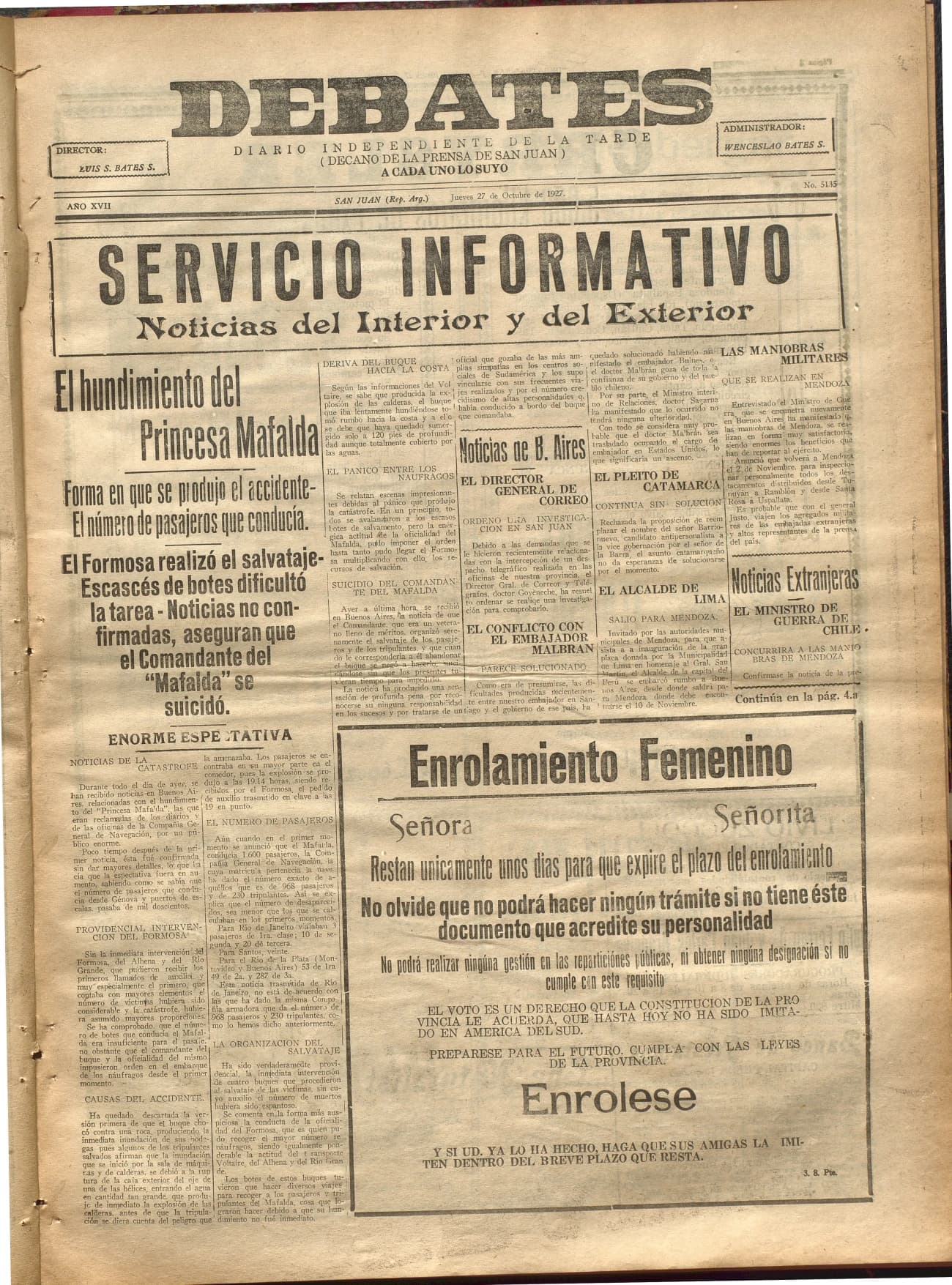 Portada · Diario Debates del 27 de octubre de 1927