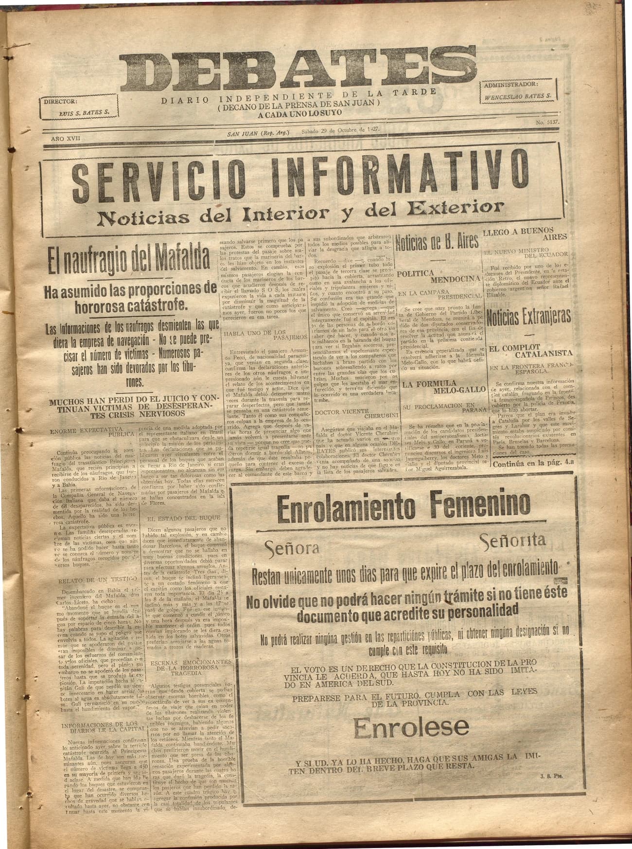Portada · Diario Debates del 29 de octubre de 1927