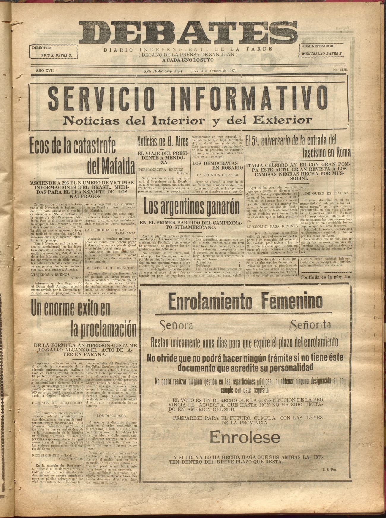 Portada · Diario Debates del 31 de octubre de 1927